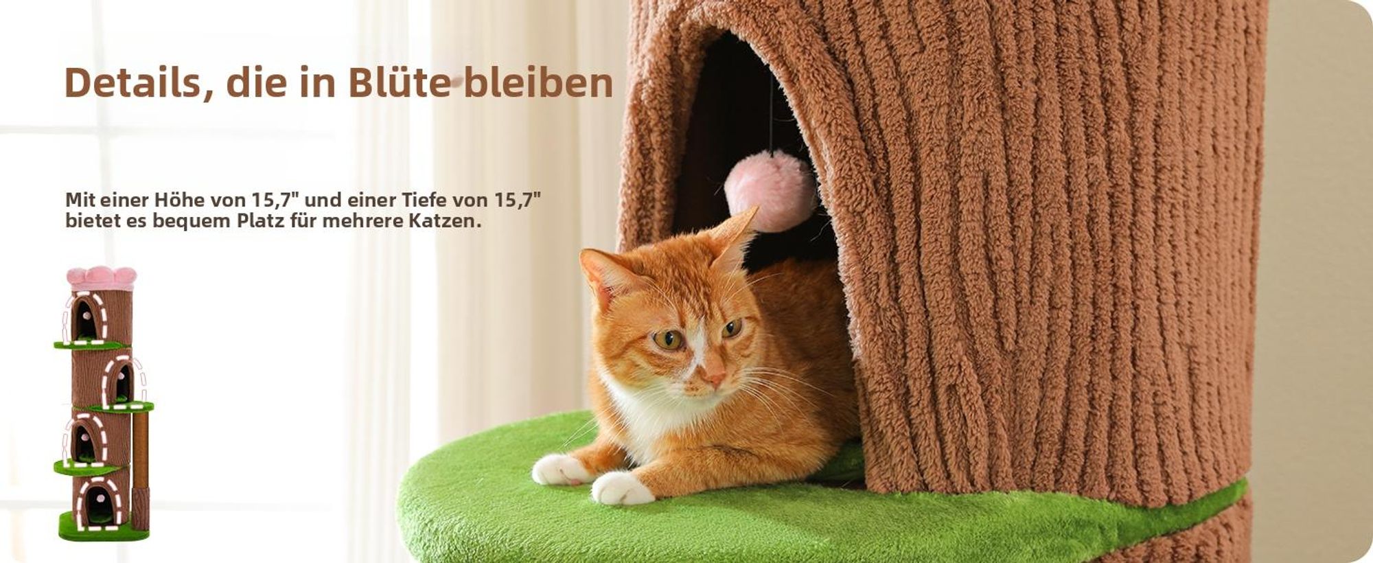 Purpurra Katzenbaum aus Massivholz, 174 cm hoher moderner Kratzbaum im Wald-Design mit Blumen-Sitzplattform, Ø 9,6 cm Naturholzstämme, großes Katzenm
