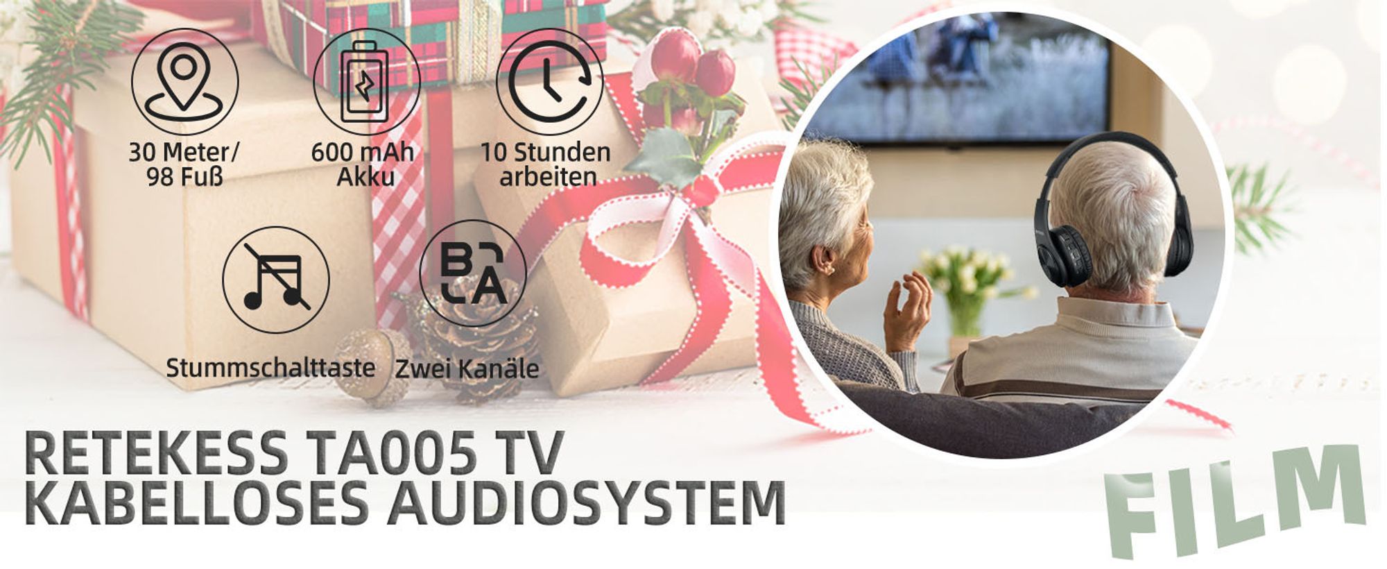 Retekess TA005 Kabellose Funk-Kopfhörer, Eingebauter Wiederaufladbarer Akku, Unterstützt Stereo-, AUX- und RCA-Eingang, Kopfhörer für Senioren, Eltern