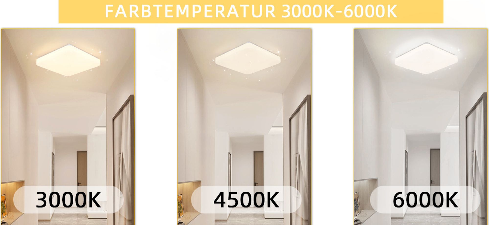 Dank der CCT-Technologie können Sie mit dieser LED-Deckenleuchte die Lichtfarben von Warmweiß über