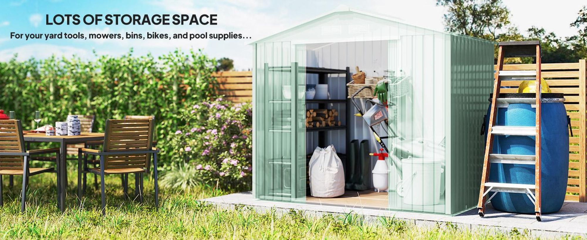 Domek narzędziowy Outsunny 2,5 m² z dachem dwuspadowym, drzwiami przesuwnymi, fundamentem, 213 x 130 x 185 cm, ocynkowany, stalowy, odporny na warunki atmosferyczne, do ogrodu, zielony