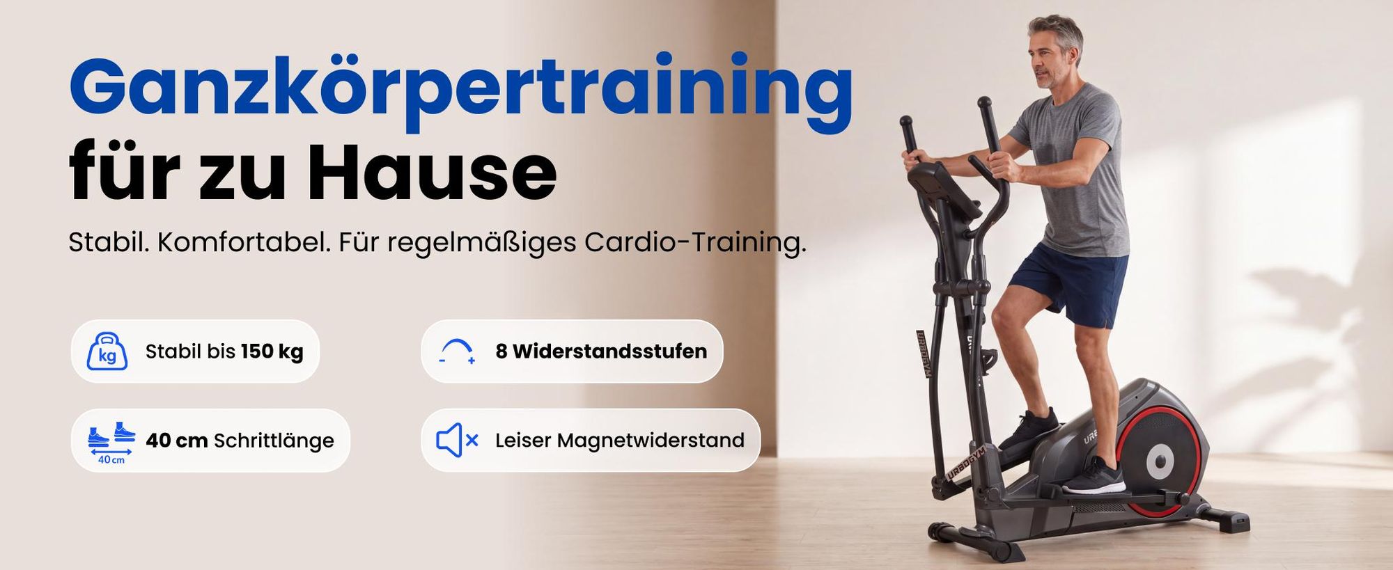 URBOGYM THOR Crosstrainer – 7-kg-Schwungrad, 8 Widerstandsstufen, bis 150 kg