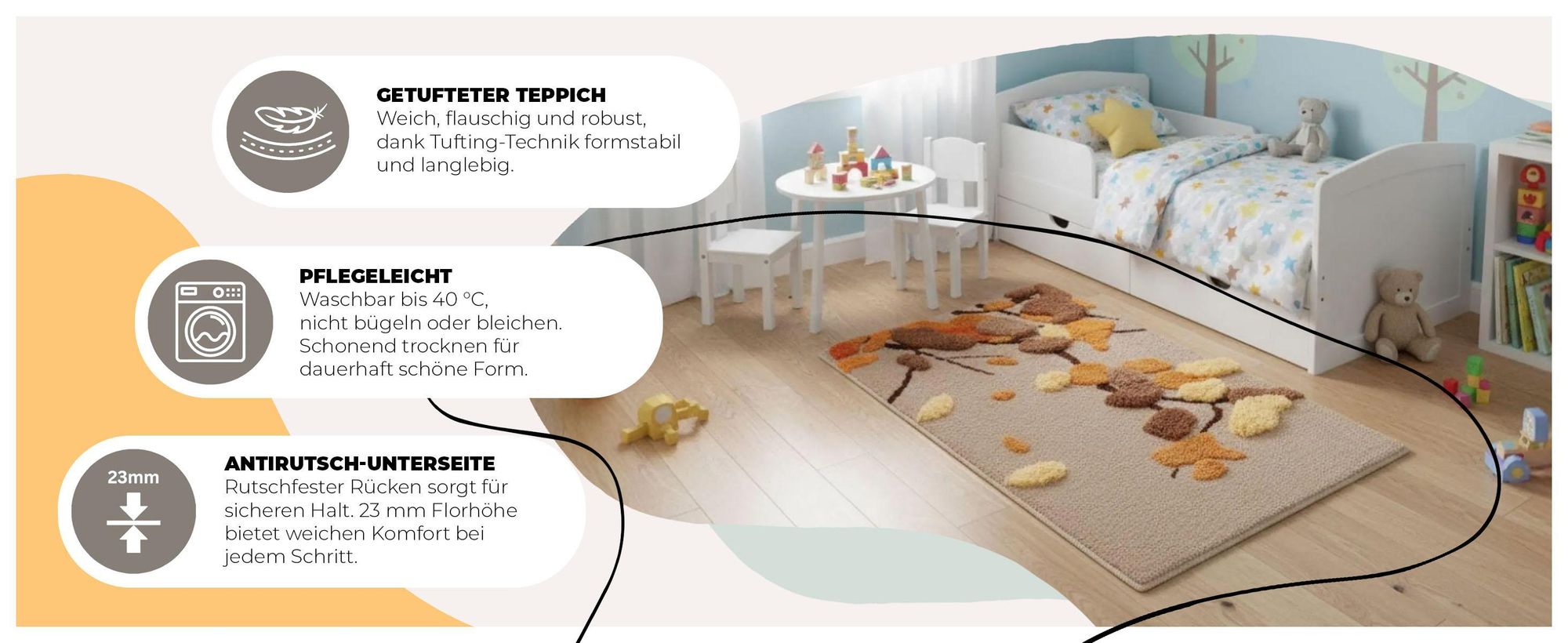 Badteppich, Badematte, Badezimmer, Schlafzimmer, Kinderzimmer, Teppich, Beige, Maschinenwaschbar