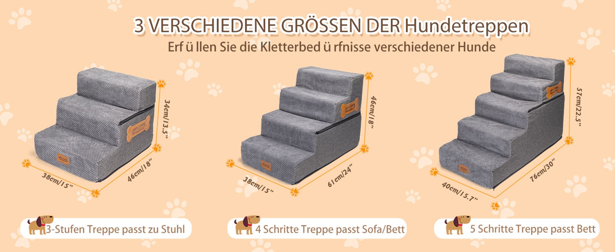 Nobleza Hundetreppe 3 Schichten Haustiertreppe , Rutschfest Katzentreppe, für Kleine Hunde Welpe Katzen aus Sofa Bett