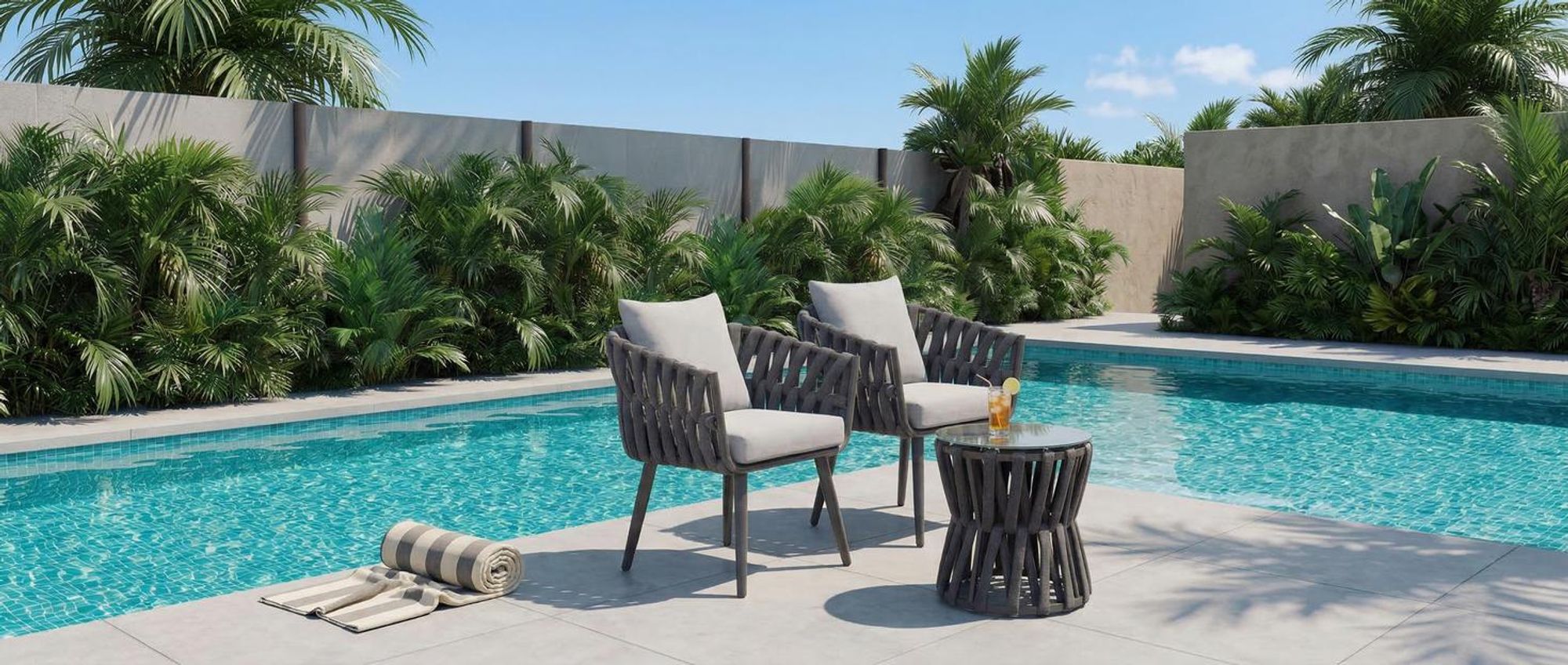 tectake Gartenmöbel-Set Lugano Tisch 2 Stühle Rope-Design Aluminium wetterfest Polster Sicherheitsglas Anthrazit 62x66x75cm Ø46cm