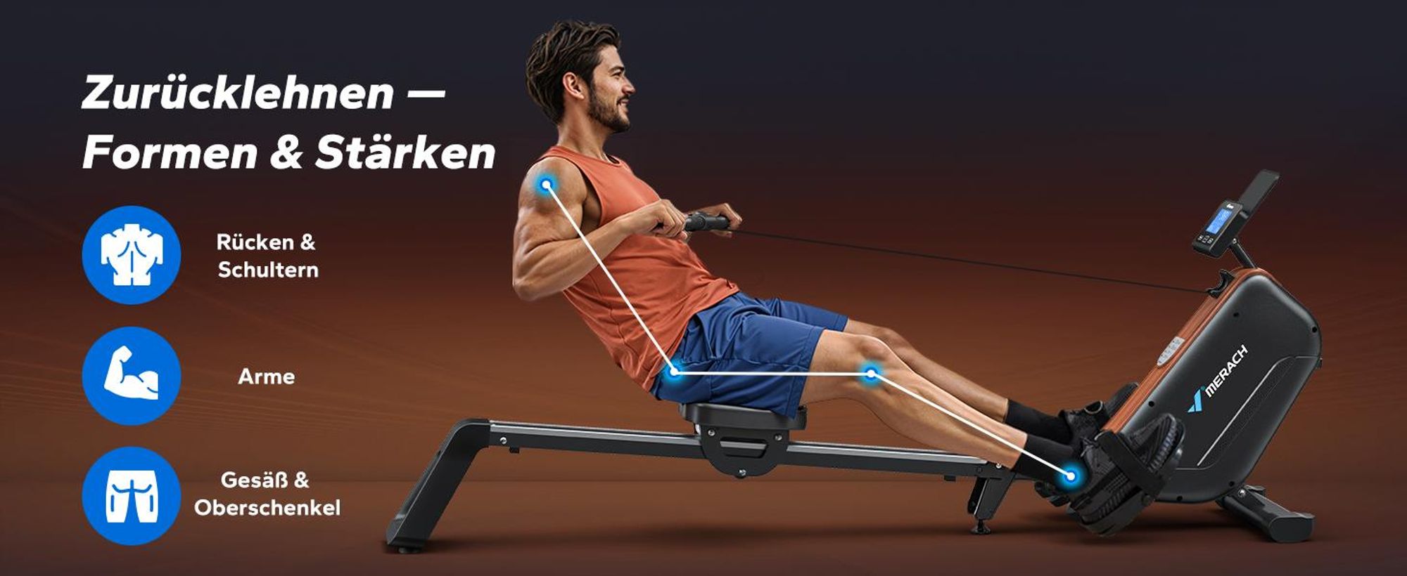 MERACH magnetisches Rudergerät – leise, 16 Stufen, LCD-Display & Bluetooth-App, verstellbare Tablet-Halterung, 160 kg, vertikal klappbar
