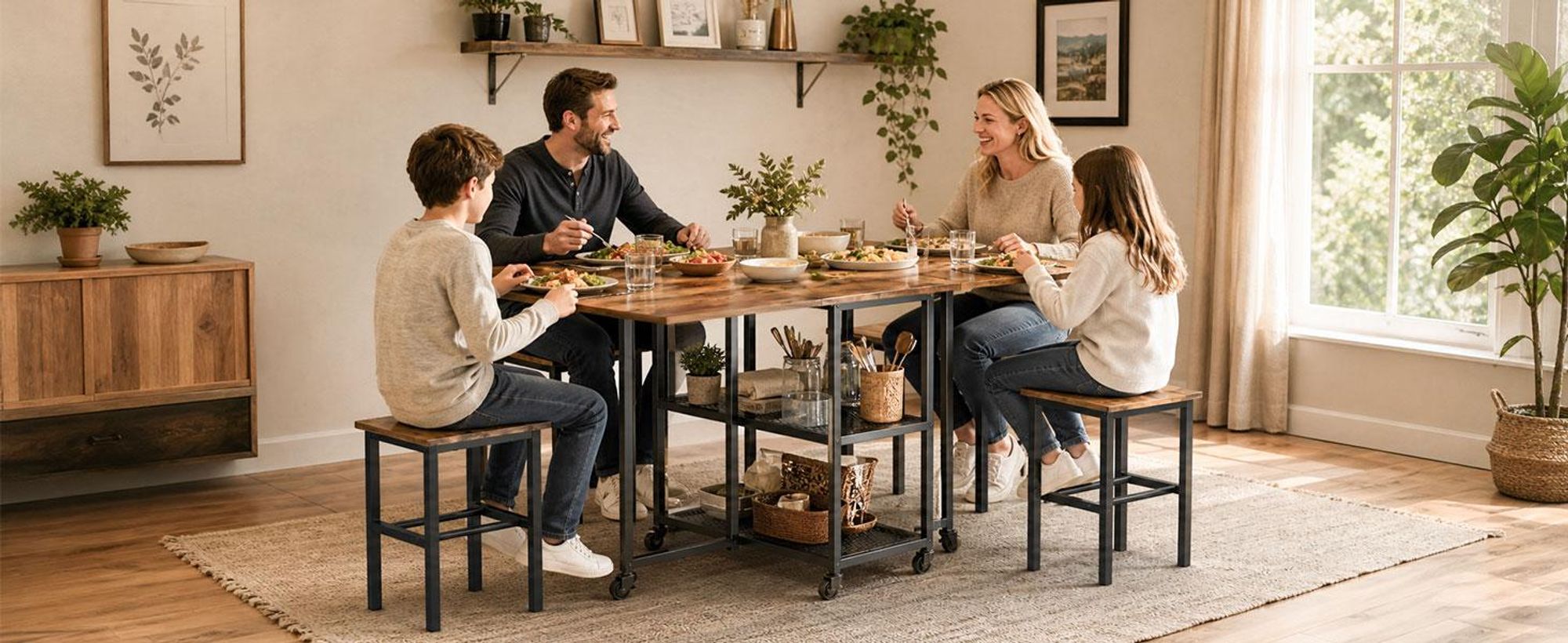 Mondeer Faltbarer Tisch mit 4 Hockern und Ablageflächen, mobiles Ess-Set mit 6 Rollen für Küche & Wohnzimmer 120x70x75cm Rustikales Braun