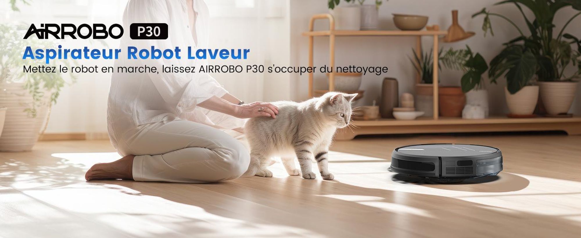 AIRROBO P30 Robot aspirateur avec fonction balayage 2 en 1, Aspirateur robot, 2600mAh, 2800Pa, WLAN, Idéal pour poils d'animaux, tapis, sols durs