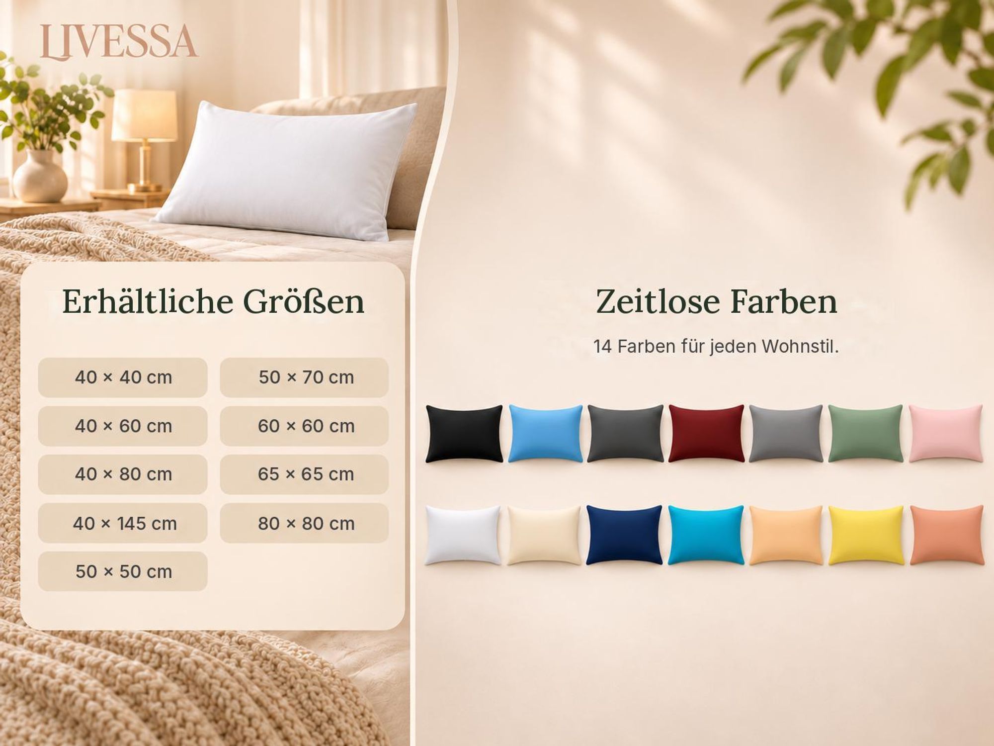 Kissenbezug 40x40, 40x60, 40x80, 50x50, 80x80, Seitenschläferkissen Bezug 40x145 – 14 Farben