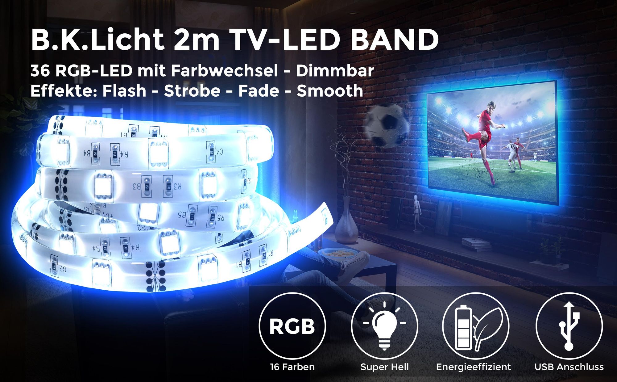 LED Backlight TV Hintergrund-Beleuchtung USB Licht-Band Stripes Streifen RGB 2m