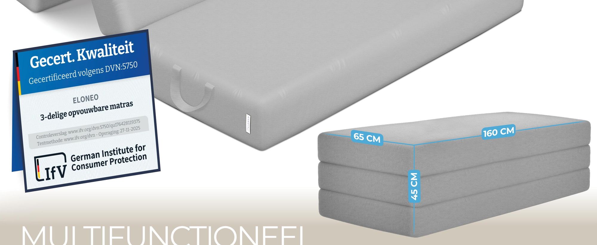 ELONEO Opklapbare matras, gastenmatras, 3-delige opvouwbare matras, extra dik schuim (15 cm), geschikt voor mensen met rugproblemen, opklapbaar, opvouwbare matras (grijs)