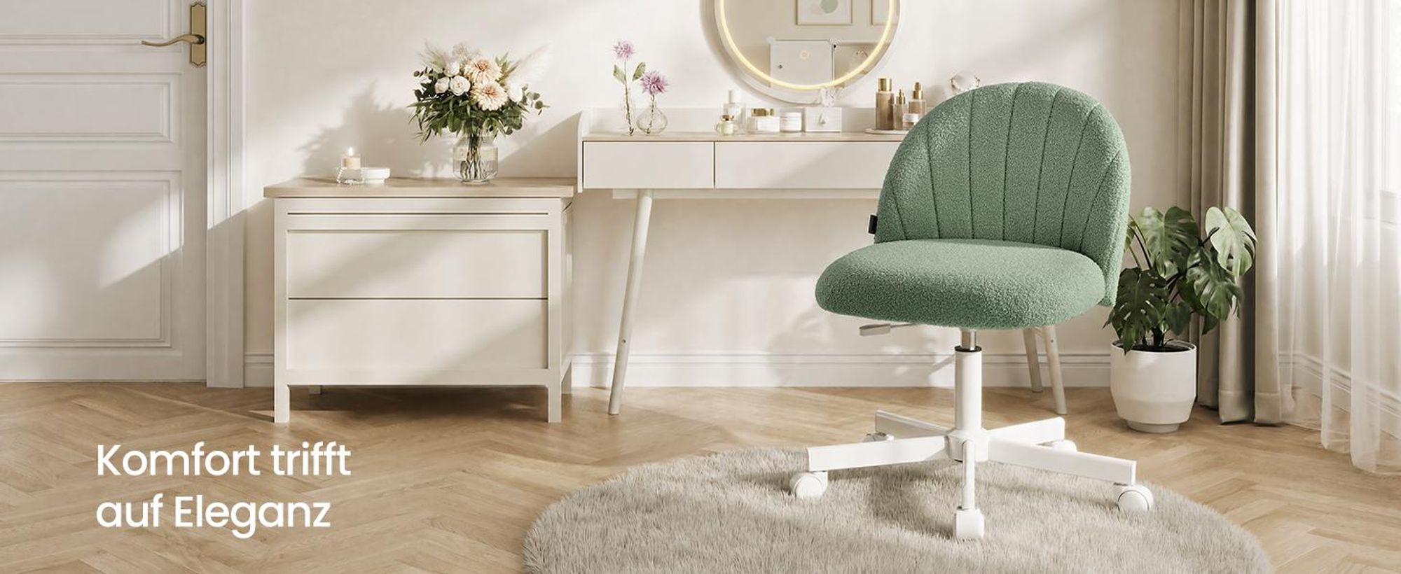 SONGMICS Schminkstuhl, Bürostuhl, Teddy-Fleece-Oberfläche, höhenverstellbar, kompaktes Design, grün