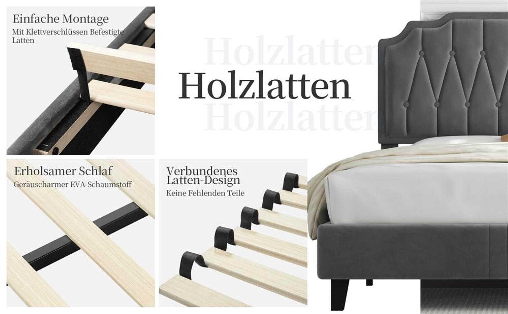 Yaheetech Polsterbett mit höhenverstellbarem Kopfteil Doppelbett 140×200cm Stoffbett Jugendbett Gepolstertes Bett Bettrahmen mit Lattenrost Dunkelgrau