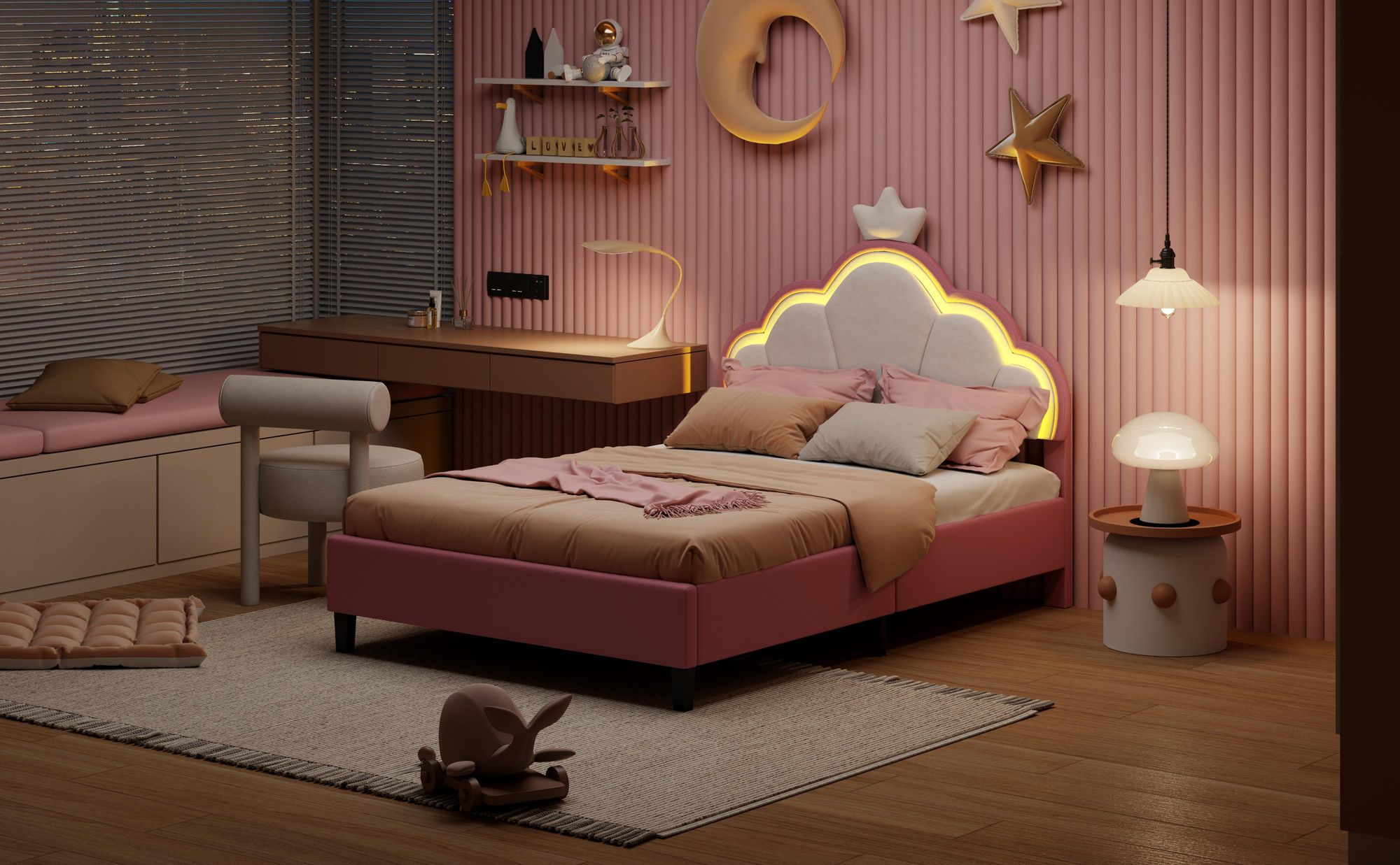 INONEFT Kinderbett 140x200 cm, Prinzessin-Polsterbett mit LED Beleuchtung, Mädchen Jugendbett mit verstellbarem Kopfteil, Kronen-Design, Samt Rosa