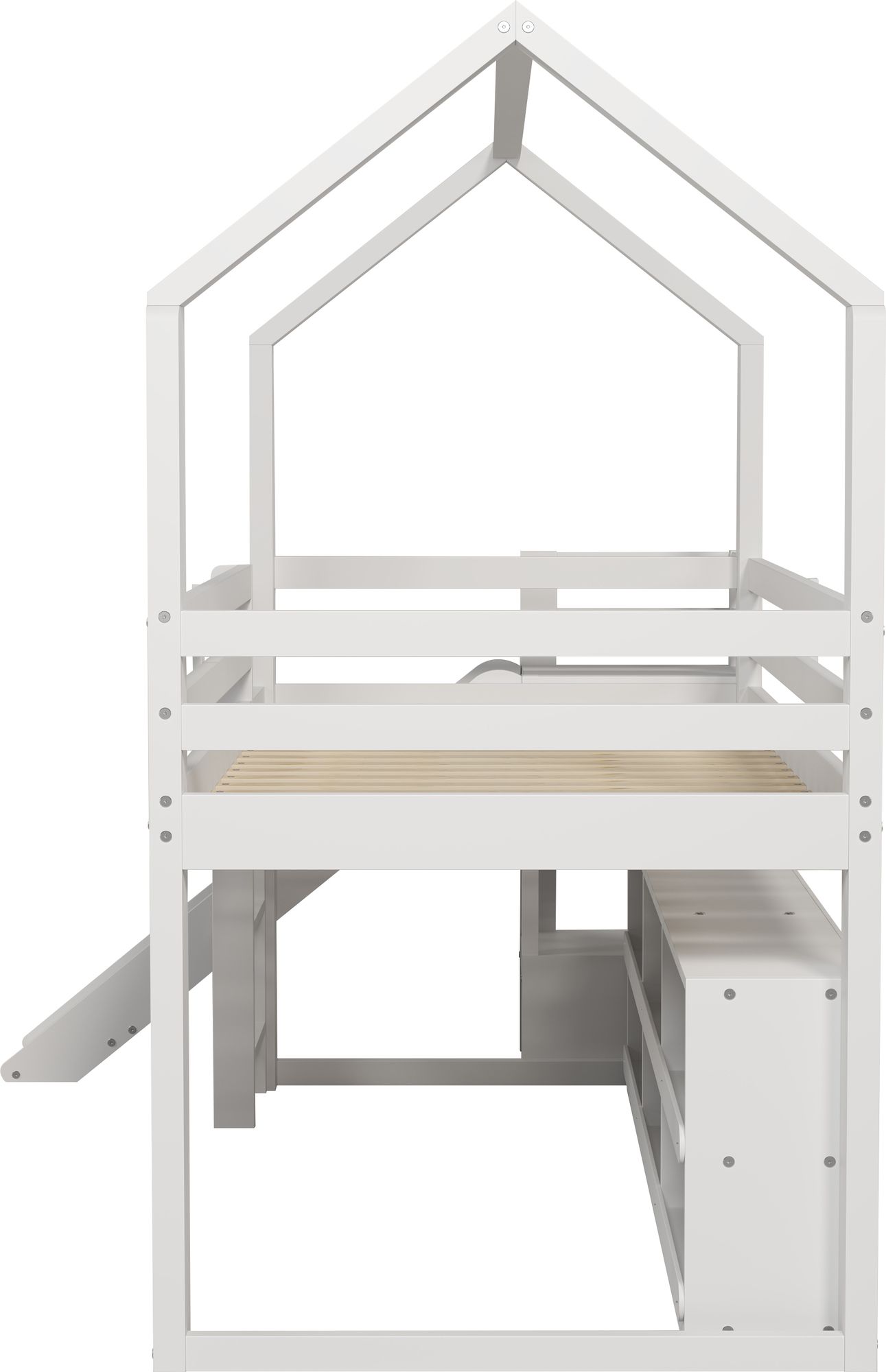 Flieks Etagenbett 90x200cm mit Schrank, Kinderbett Hausbett mit Rutsche, Hochbett Stockbett mit Rausfallschutz & Lattenrost, Holzbett Einzelbett, Weiß