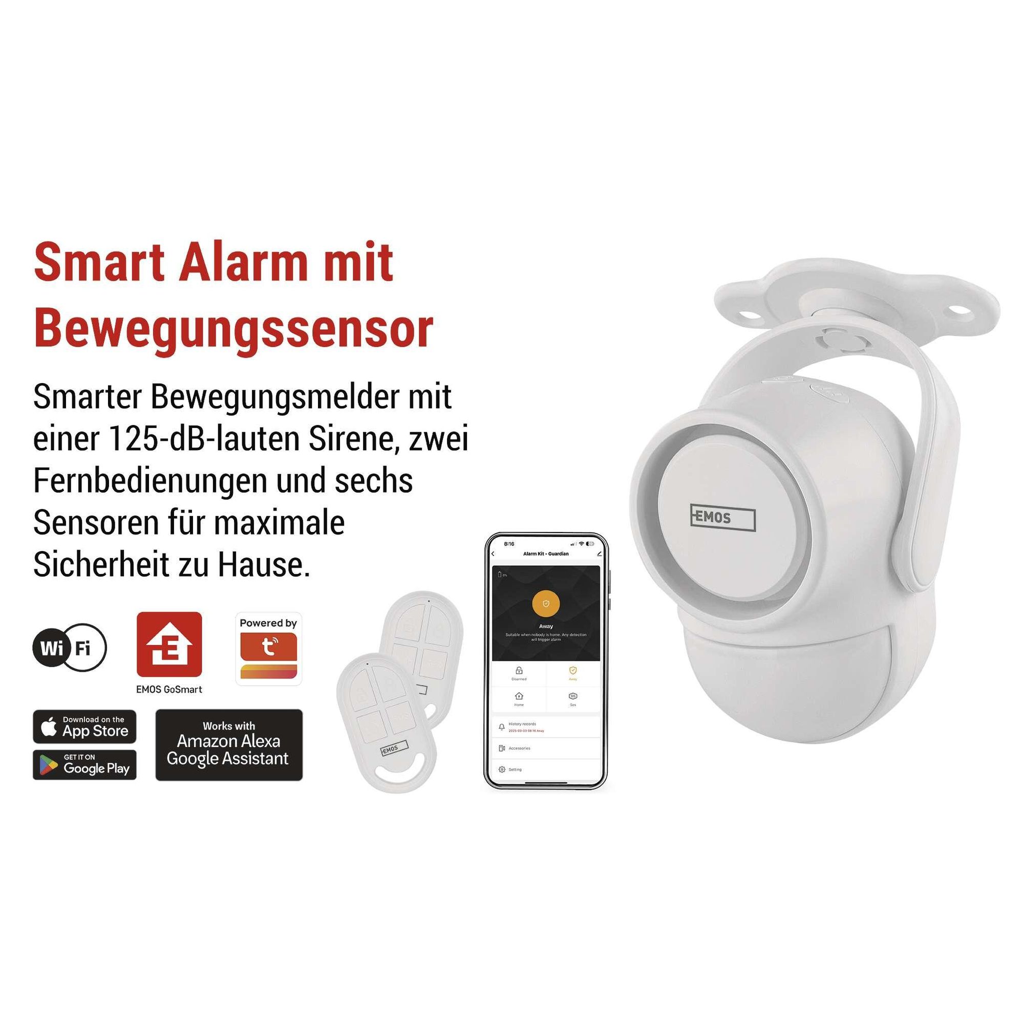 EMOS GoSmart PIR Bewegungsmelder-Alarm mit 125 dB Sirene und App, Dual-Betrieb, 2x Fernbedienung und 6x Türsensor, Tuya, 2,4 GHz WiFI, weiß, H5030