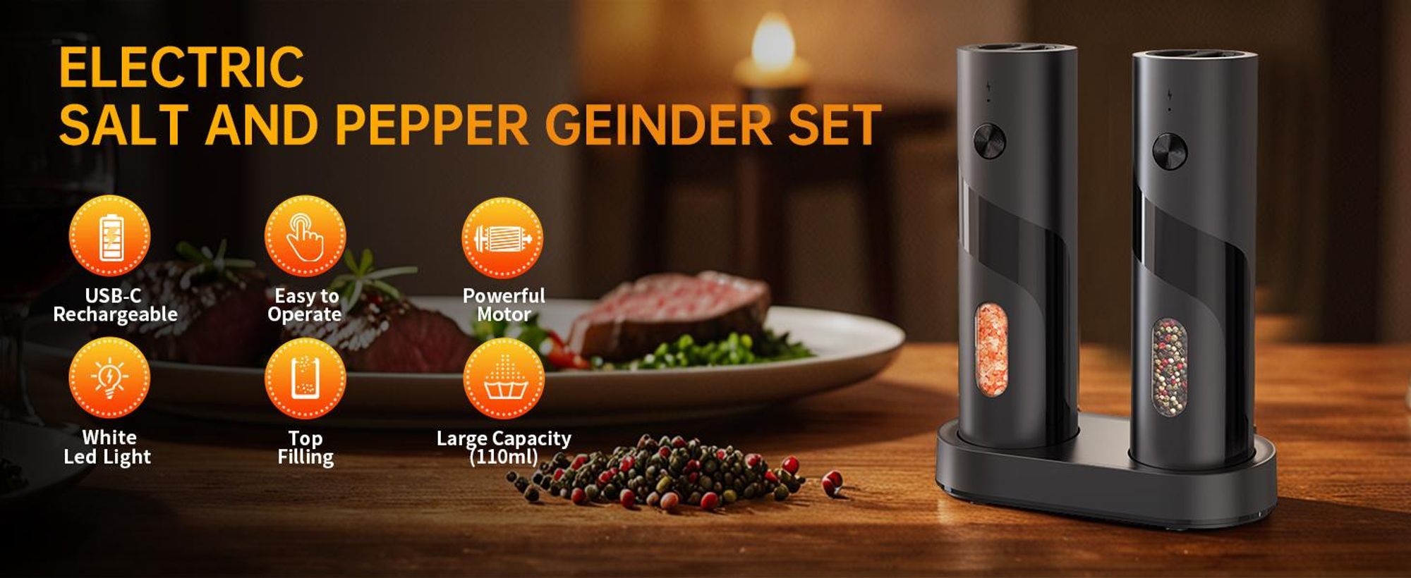 Elektrische Salz und Pfeffermühle Set Wiederaufladbar mit Ladestation - Automatische Pfeffermühle 5-stufig Einstellbar, 110ml XL Beälter, LED-Licht