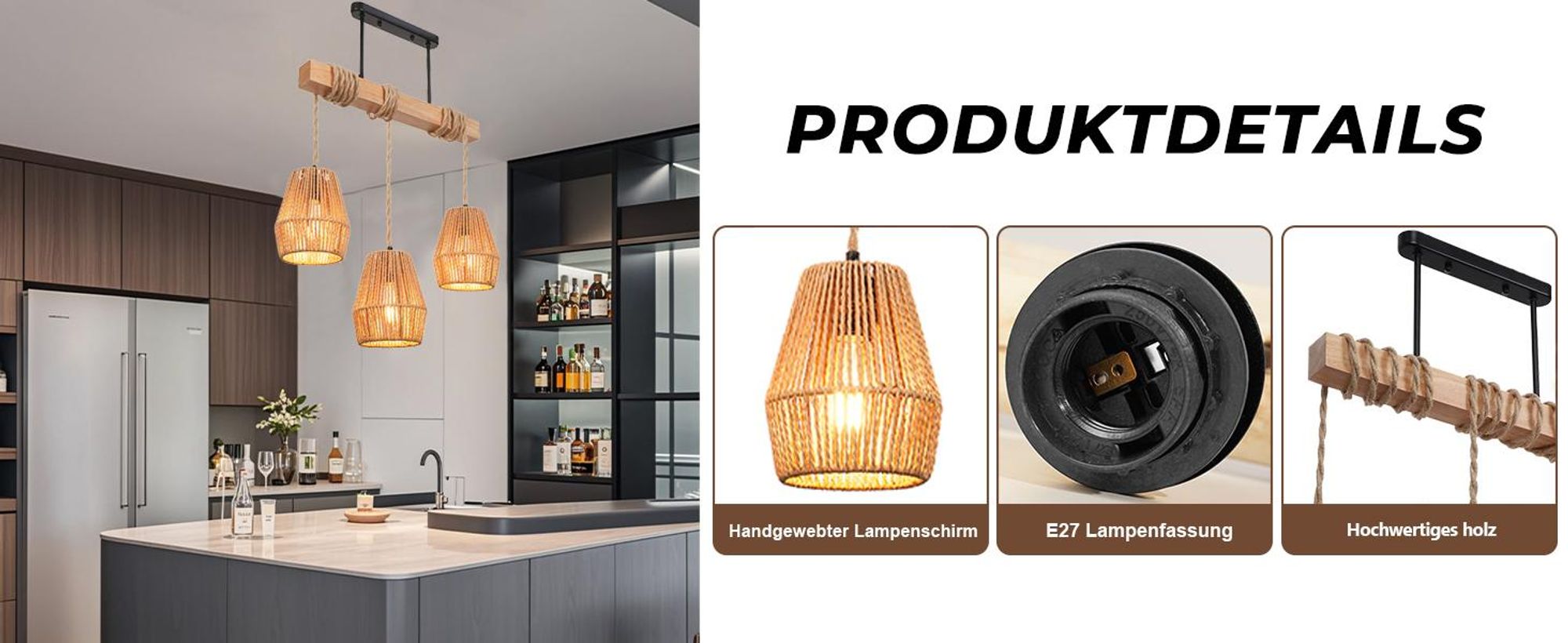 Pendelleuchte mit Rattan Lampenschirm E27 Fassung 3-flammige Hängelampe Höhenverstellbare Kronleuchter für Küche, Esstisch, Wohnzimmer