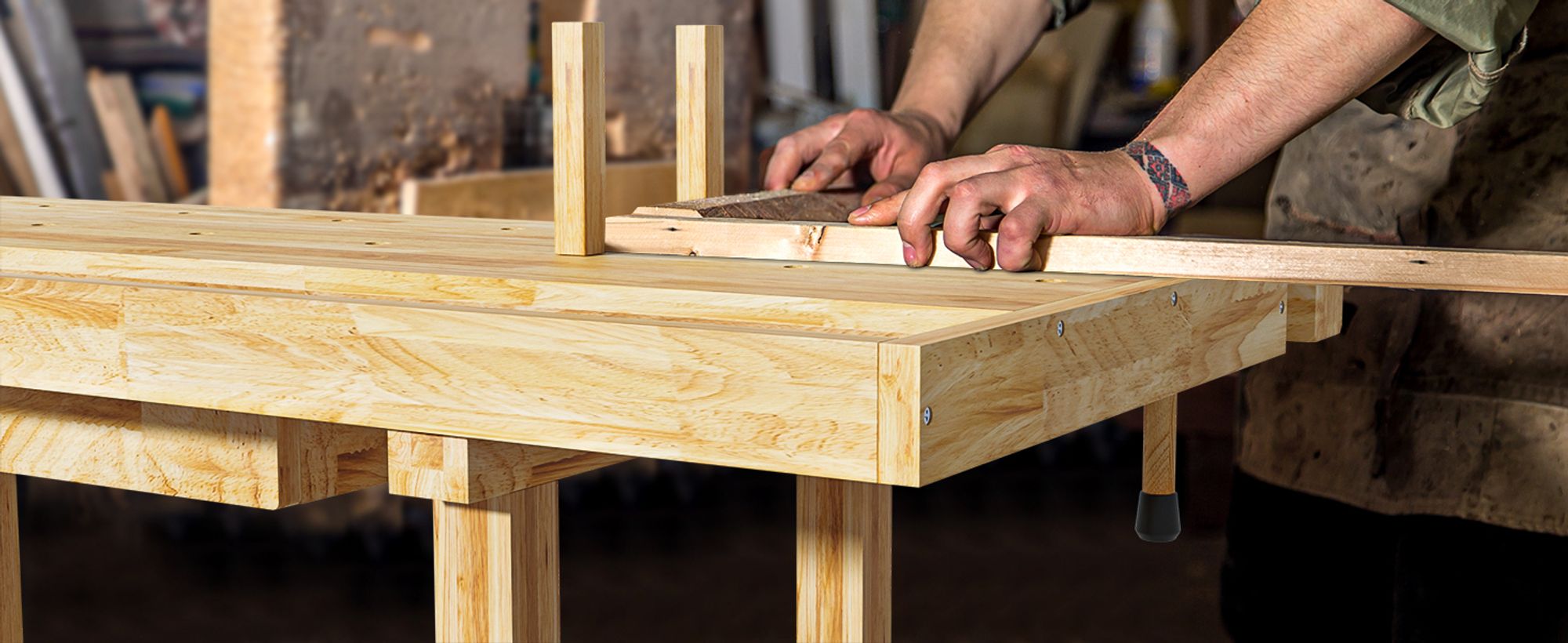 Wiltec Werkbank 151 x 61,5 x 86 cm aus Holz, Werktisch aus Rubberwood, Hobelbank bis 150 kg belastbar, Werkzeugbank mit Schublade und Spannzangen