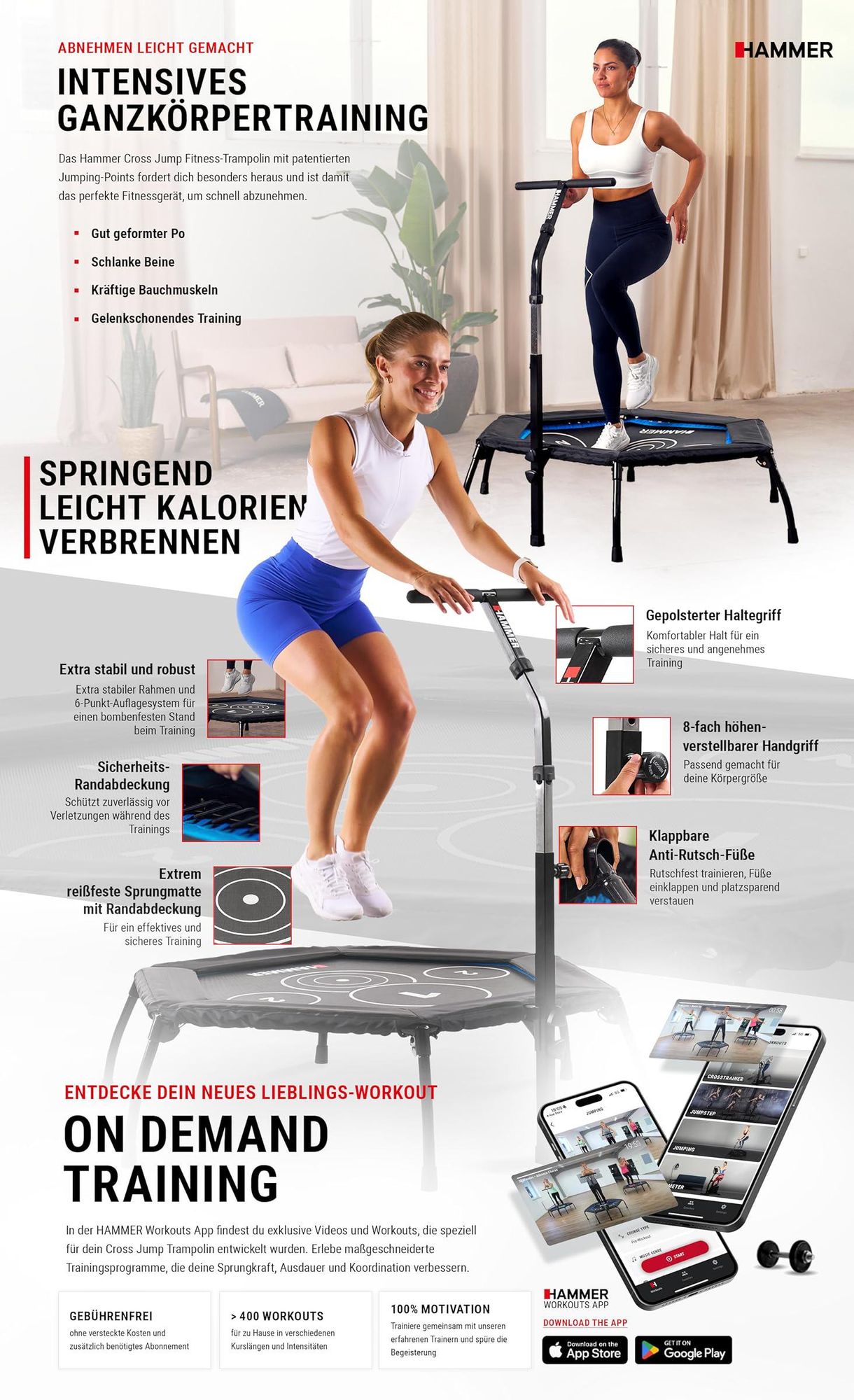 HAMMER Fitness-Trampolin Cross Jump, 98 cm Sprungfläche, bis 130 kg Gewicht