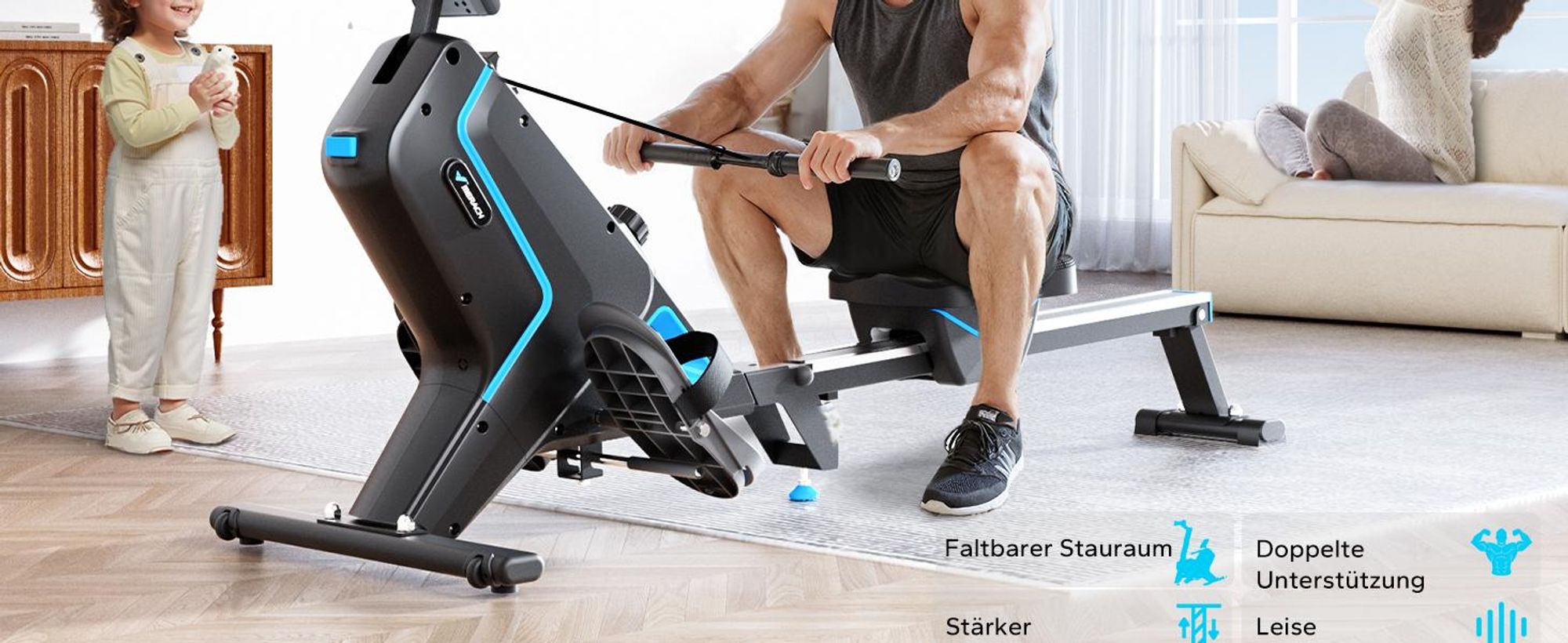 MERACH klappbares Rudergerät – leise Magnetbremse, 16 Stufen, LCD-Display & Tablet-Halter, Kinomap-App, gepolsterter Sitz, Ganzkörper-Workout