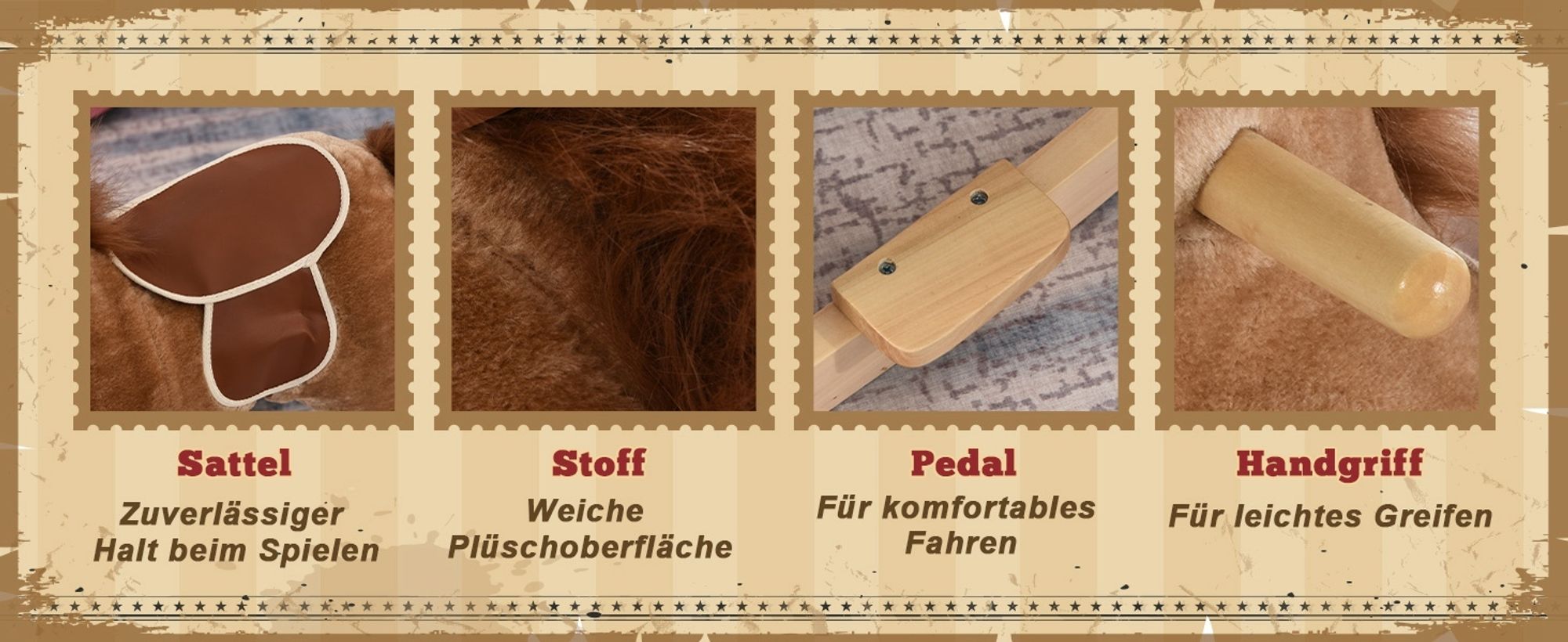 HOMCOM Kinder Schaukelpferd Baby Schaukeltier Pferd mit Tiergeräusche Spielzeug Haltegriffe für 36-72 Monate Plüsch Braun 65 x 32,5 x 61 cm