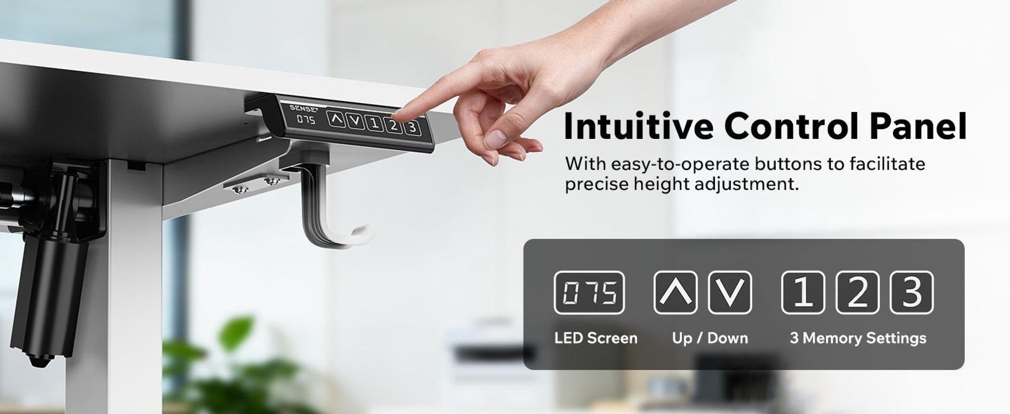 SENSE7 NOJO Light – elektricky výškově nastavitelný podstavec k psacímu stolu | 72–118 cm, paměťová funkce, držák na sluchátka, max. nosnost 70 kg, ocelový podstavec