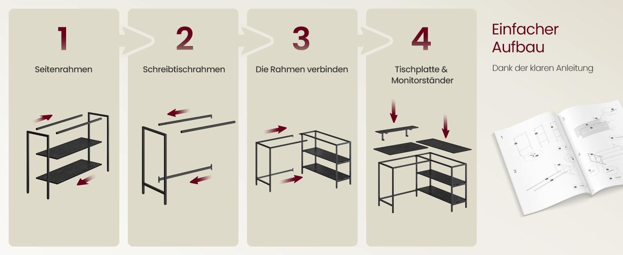 VASAGLE L-förmige Schreibtisch Eckschreibtisch Computertisch mit Schubladen 115cm schwarz