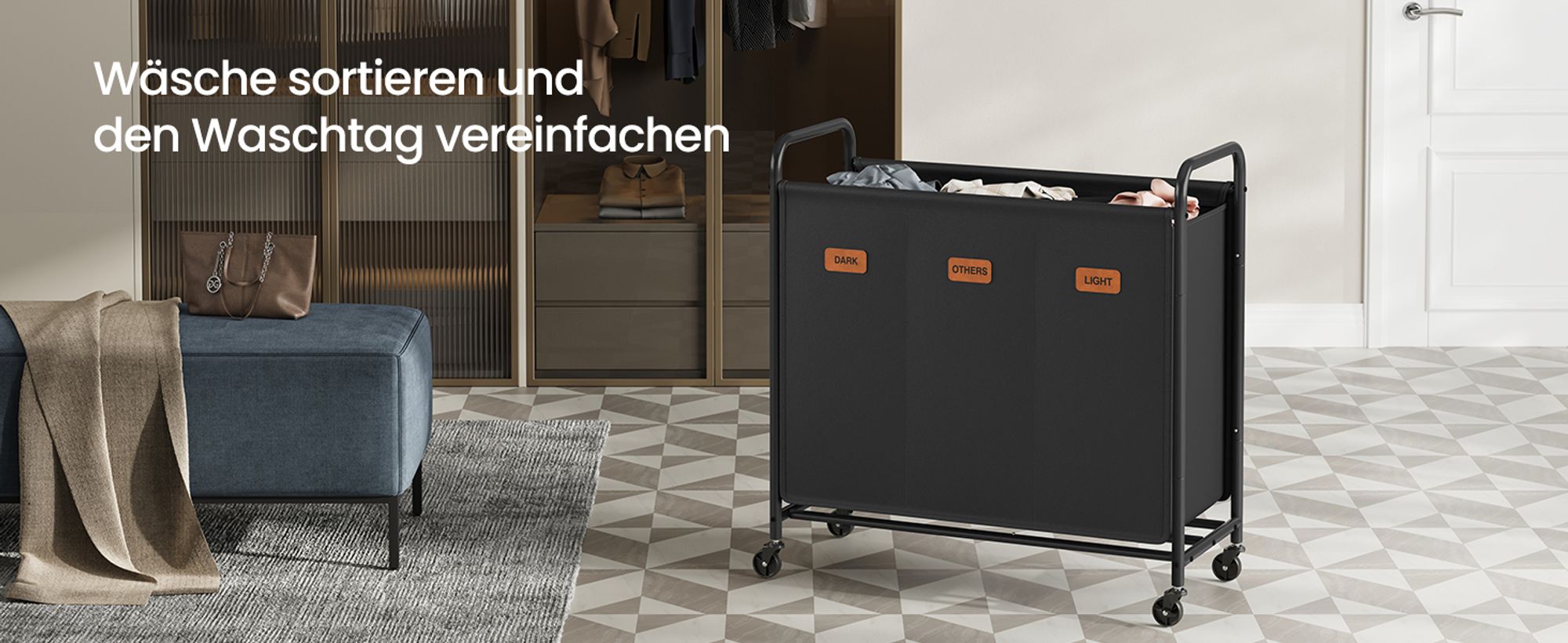 SONGMICS Wäschekorb mit Rollen, Wäschesammler 3 Fächer, 170 L Wäschesortierer