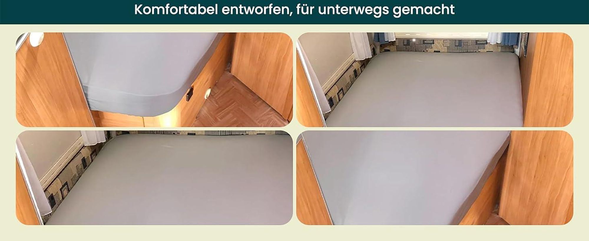 Praktische Fotos, die das Spannbettlaken auf einer Queen-Size-Wohnmobilmatratze zeigen.