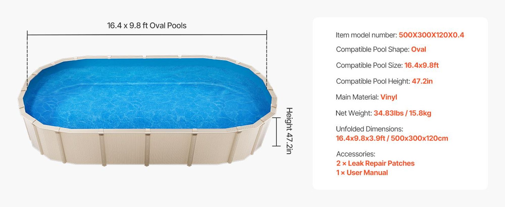 VEVOR 12 x 24 ft Oval Pool Liner, Überlappungsstil für Aufstellbecken, Wandhöhe 48 bis 54 Zoll, langlebige Poolfolie, Standardstärke Vinyl, für Stahlwand-Aufstellpools, 500x300x120 cm-0.4 mm