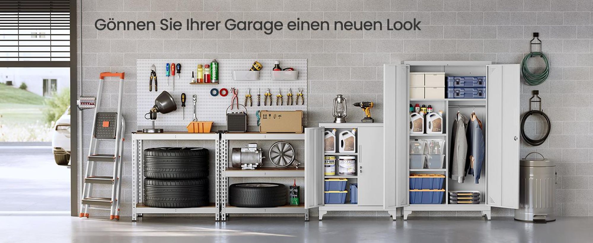 SONGMICS Metallschrank mit Hängestange, 2 Türen, 5 Fächern, abschließbar, hohe Füße, grau
