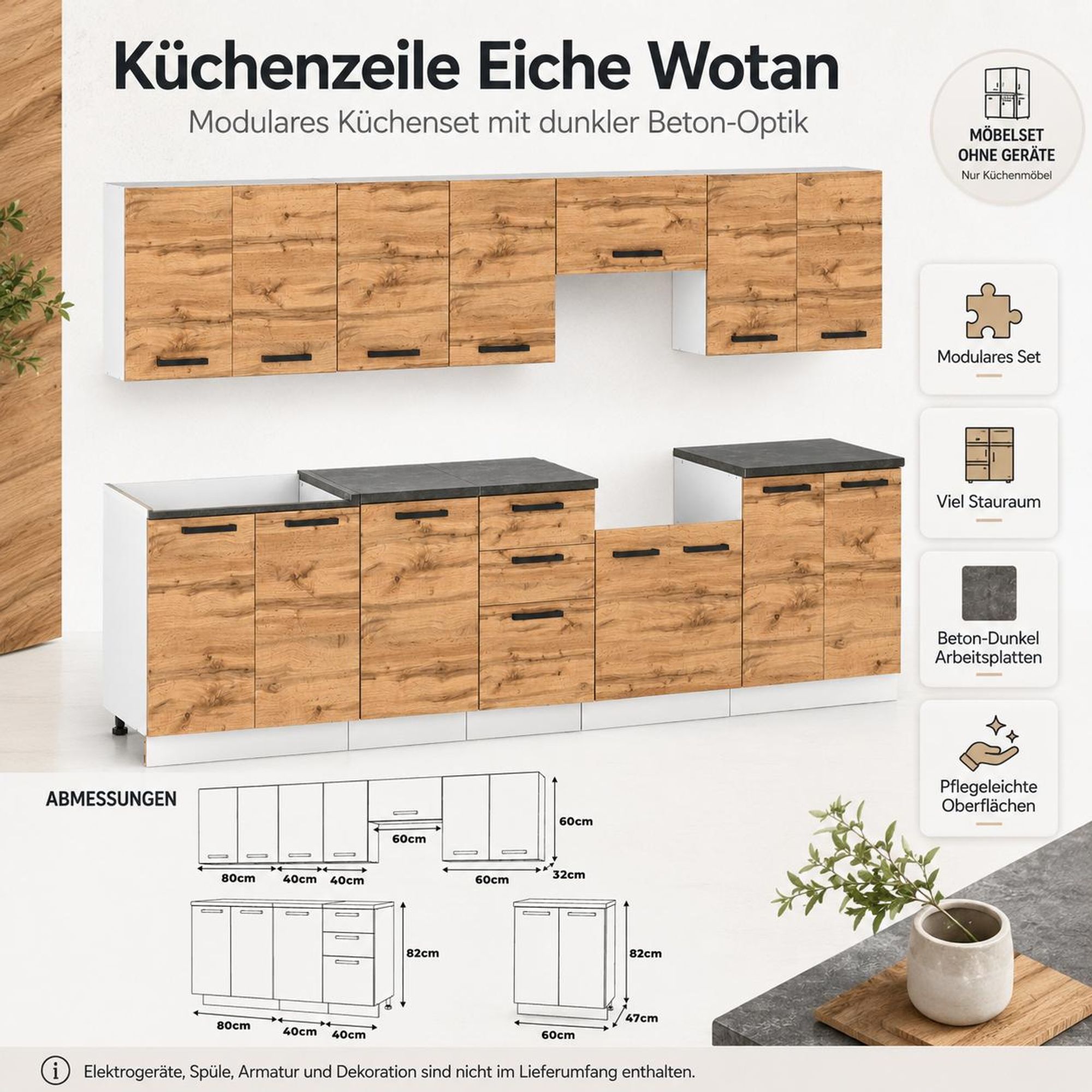 Küchenzeile 280 cm Eiche Wotan mit dunklem Betonblat, weißen Korpussen und Maßen