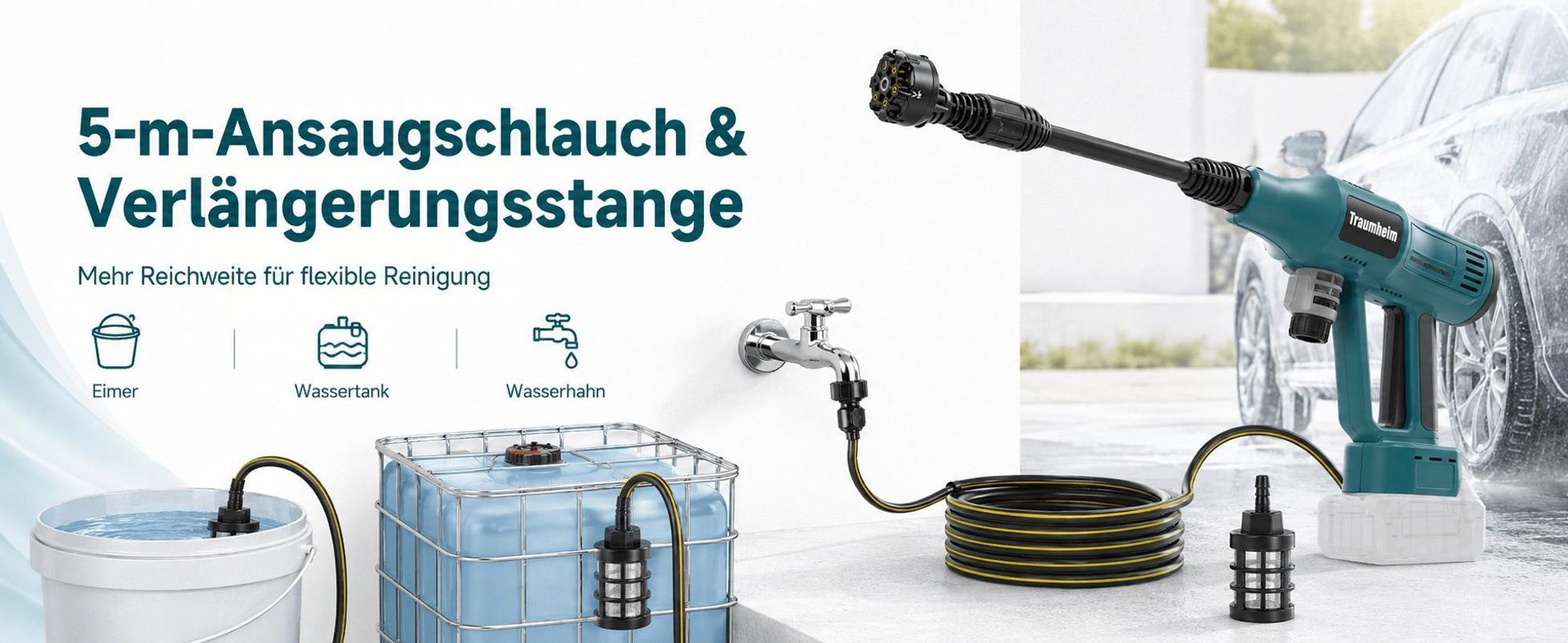 440W Kabelloser Hochdruckreiniger mit Teleskopstange & 6-in-1-Düse für Auto, Garten, Terrasse (Akkus nicht im Lieferumfang)
