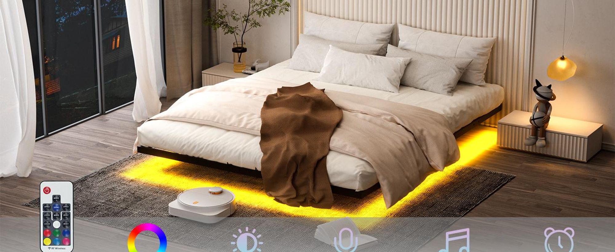 DEWINNER Cadre de Lit 140 x190 avec Sommier Métal, Lit 2 Personnes Flottant avec Éclairage LED, Sommier en Métal, Structure Stable, Noir(sans Matelas)