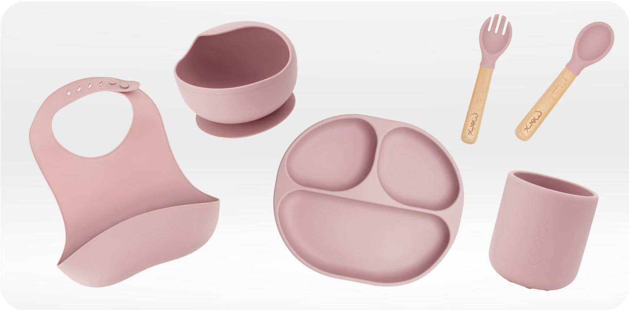 MoMi AMI – 6-teiliges Baby-Geschirrset aus Silikon, BPA- & , mit Buchenholz & Lätzchen, ab 6 Monaten – Rosa