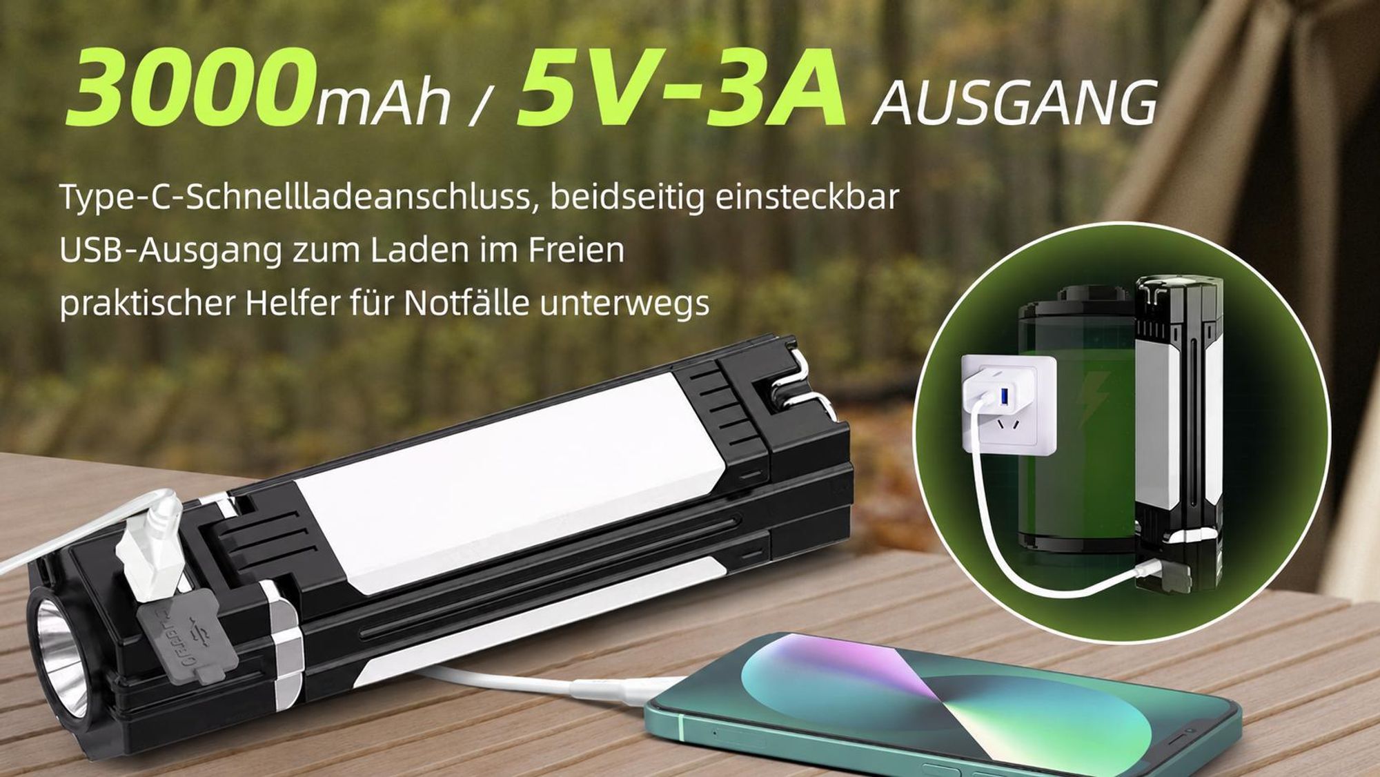 LED-Tragbare-Campingleuchte, 90-Grad-Drehung,3000mAh Campinglampen, wiederaufladbare Taschenlampe, faltbare Zeltleuchte, geeignet für Camping-Notfälle