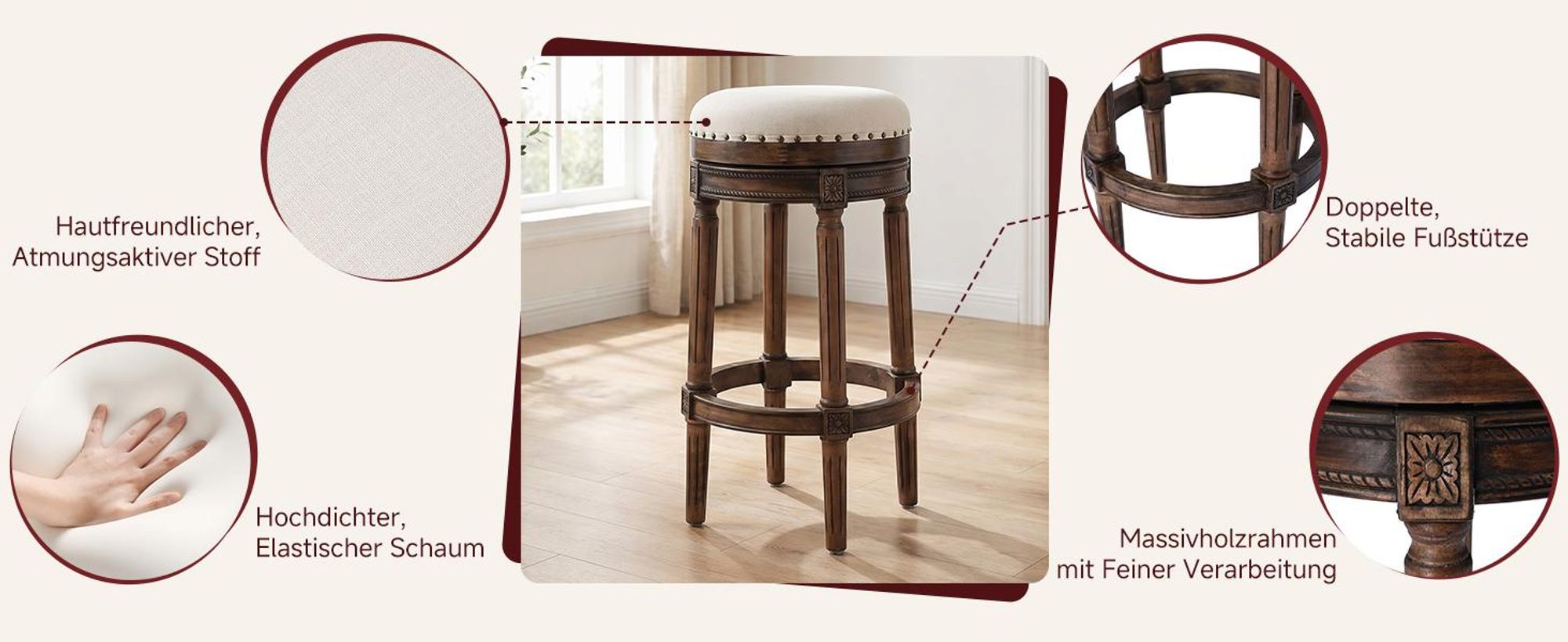 Barhocker Holz drehbar, gepolstert, Retro Design mit Nieten Barhocker Beige ohne Lehne, rutschfest, für Küche und Bar, 40x40x76cm, belastbar bis 260lb