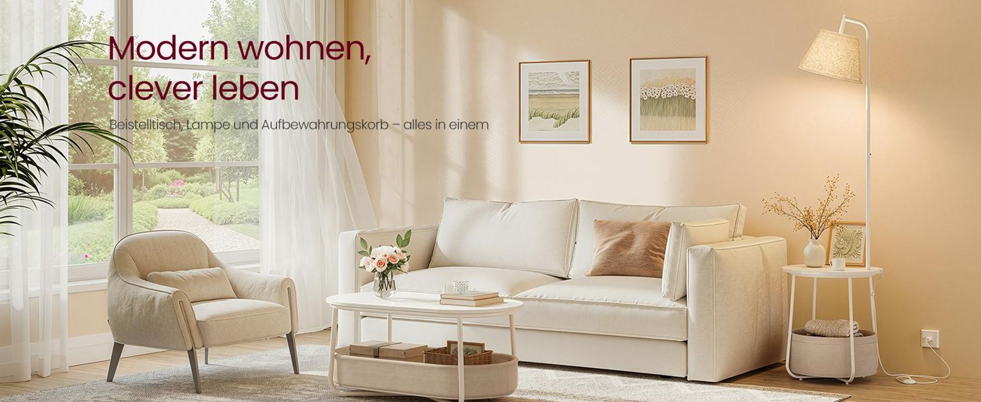 VASAGLE Beistelltisch mit Lampe, 3-in-1, Stehlampe mit Tisch und Korb aus Stoff, LED-Glühbirne, Licht und Lampenschirm einstellbar