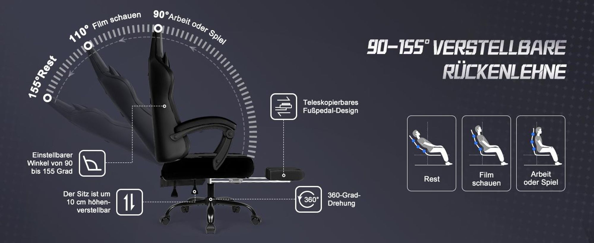 Aiibot Gaming Stuhl, Ergonomischer Gaming Sessel,Schreibtischstuhl,Gamingstuhl mit Fußstütze,Gaming stuhl 150 kg,verstellbare Rückenlehne,Schwarz