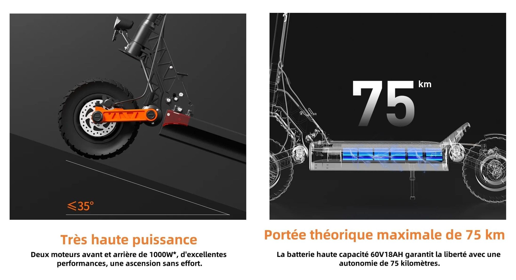 JOYOR S10-S-Z Pliable avec fonction clignotant Trottinette électrique - Moteur 1000W*2 Batterie 60V18AH Pneus de 10 Pouces - Noir