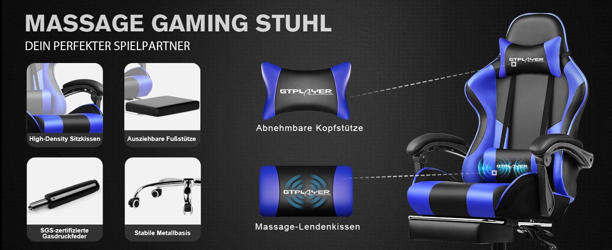 GTPLAYER Bürostuhl Gaming Stuhl Massage Gaming Sessel Ergonomischer Gamer Stuhl mit Fußstütze, Kopfstütze Massage-Lendenkissen, Gepolstert Gaming Chair, Drehsessel