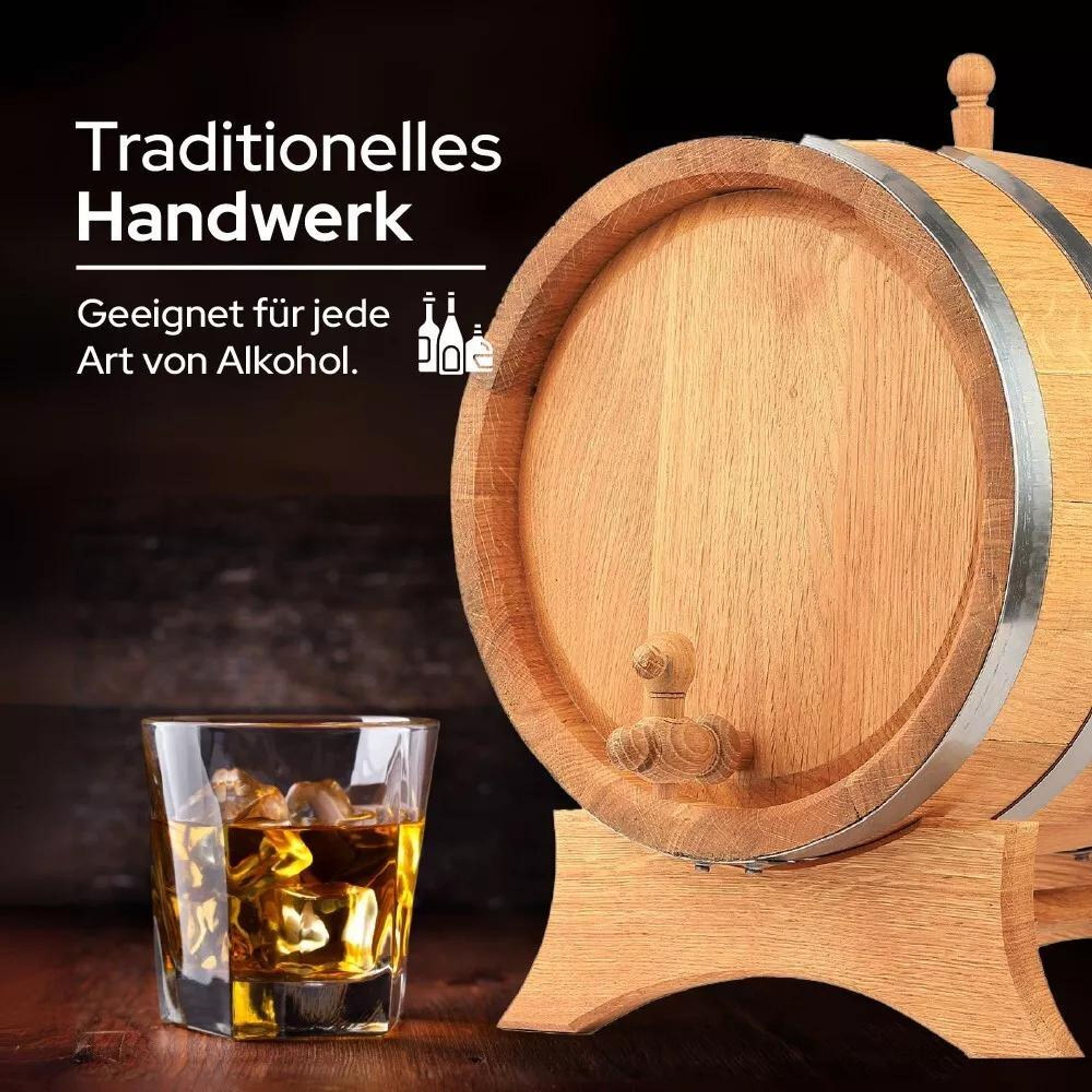 MB Eichenfass 40L aus Naturholz – Whiskyfass, Weinfass, Holz Fass Deko – Eiche Gebrannt, mit Ständer und Zapfhahn – Geschenk für Bar & Zuhause