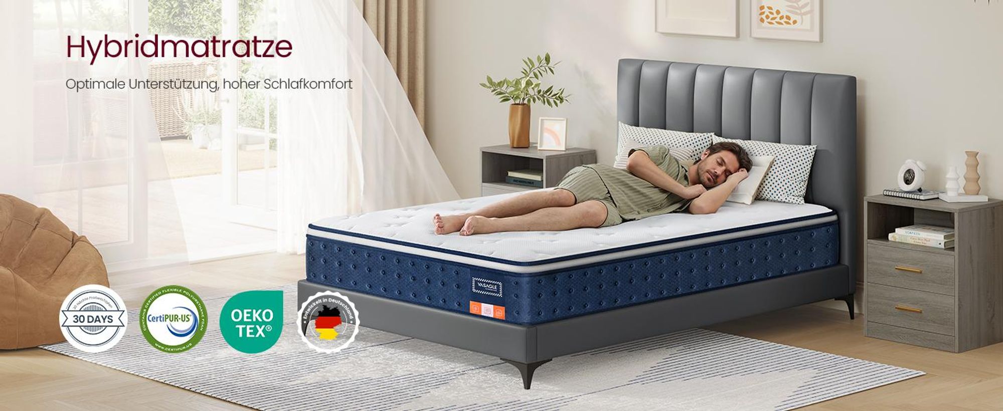 VASAGLE Federkernmatratze 140 x 200 x 25 cm, Gel-Memory-Schaum, mittelfest, 7-Zonen, Schlafzimmer, atmungsaktiv, blau