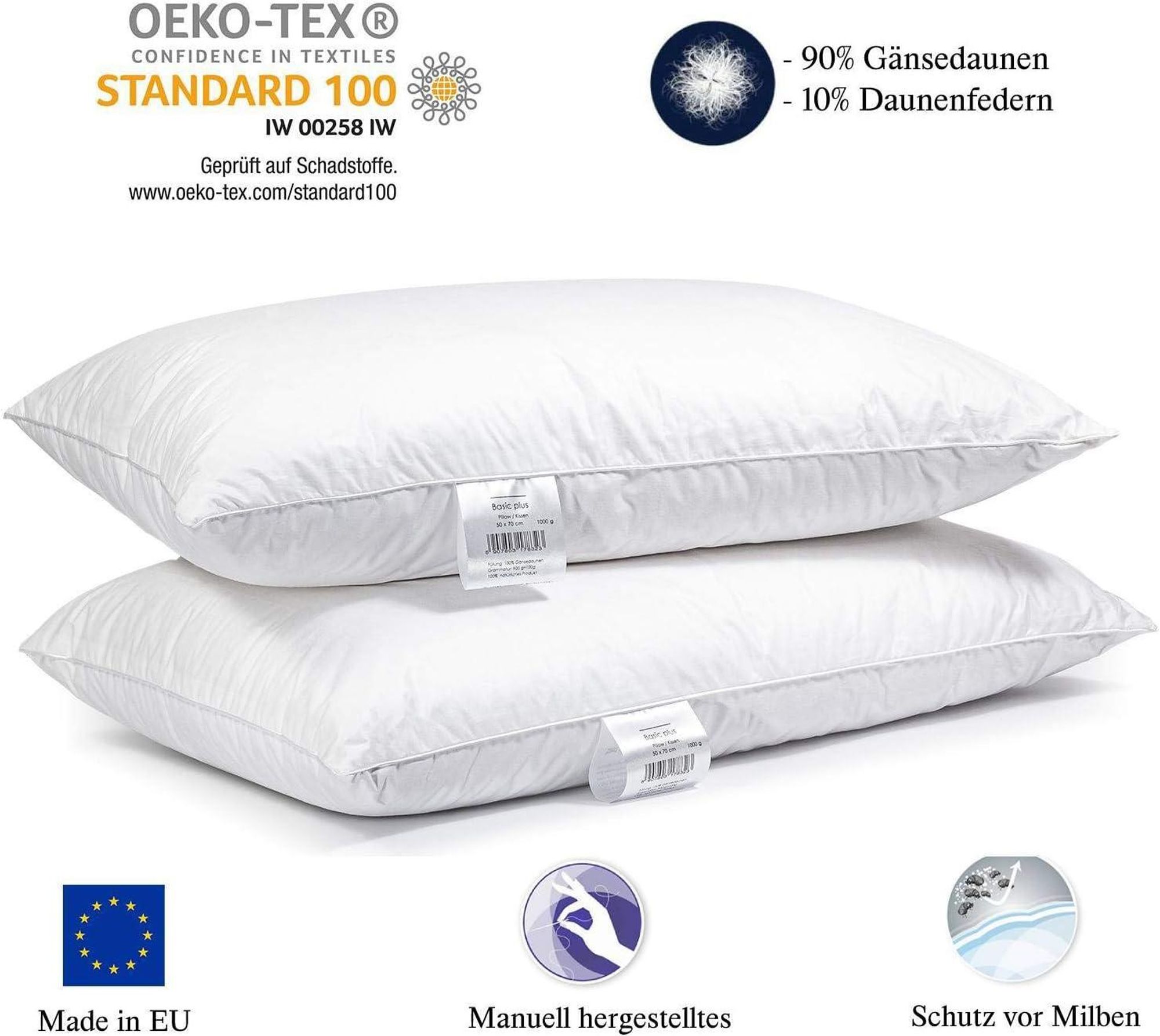 2er Set Dreikammer Kopfkissen 50x70 cm 1000 g – 90% Gänsedaunen – 3-Kammer Daunenkissen mit Baumwollbezug