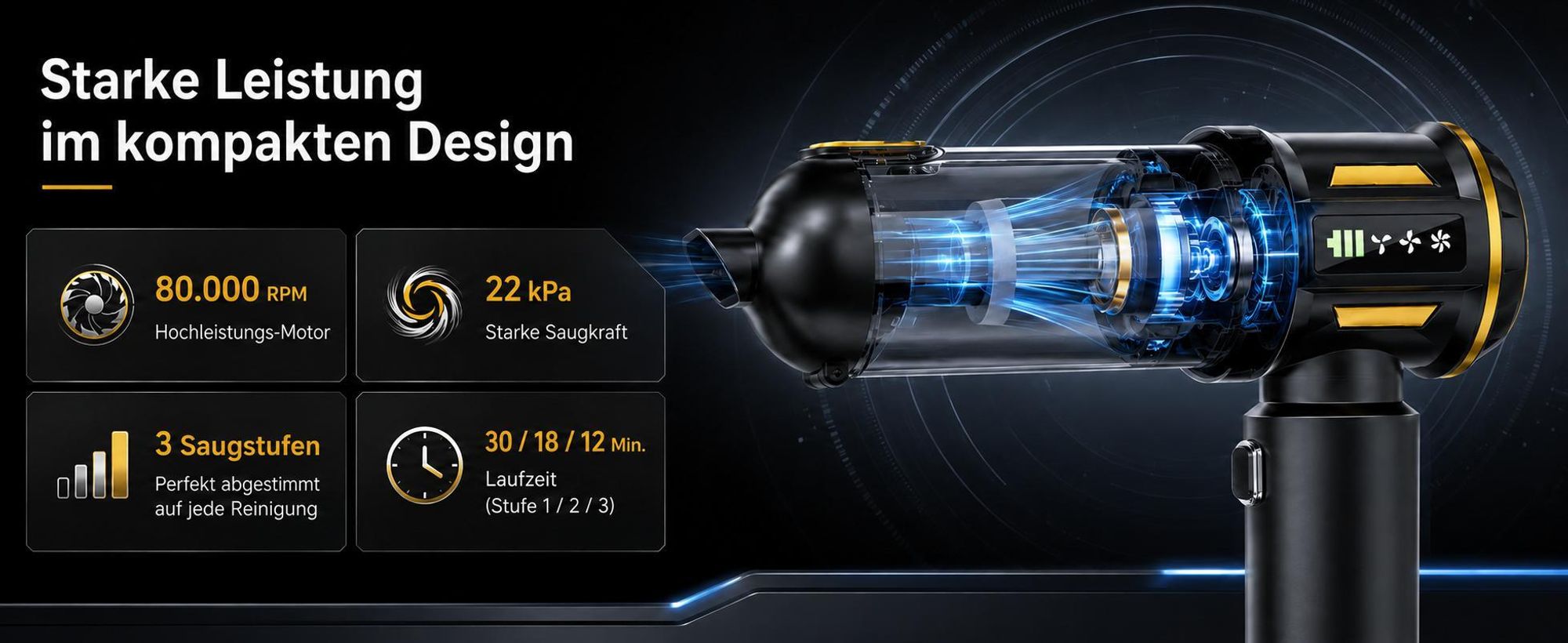 4 in 1 Autostaubsauger, Akku Handstaubsauger Kabelloser, 80.000 U/min Bürstenloser Motor, 22kPa Saugleistung, 3 Stufen, LED anzeige, für Auto Haushalt