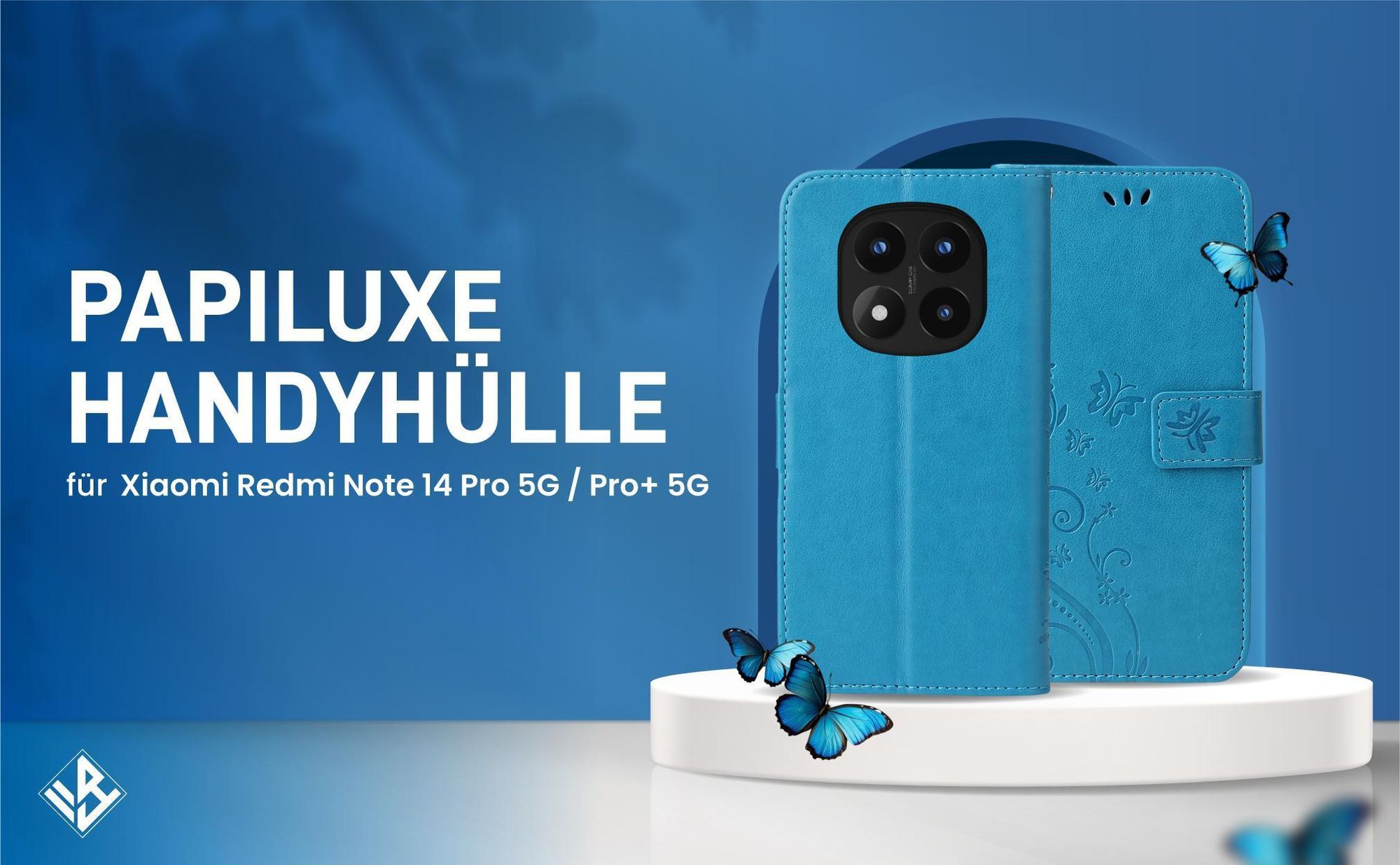 Blaue Klapphülle im Schmetterlinglook für Xiaomi Redmi Note 14 Pro 5G / 14 Pro+ 5G