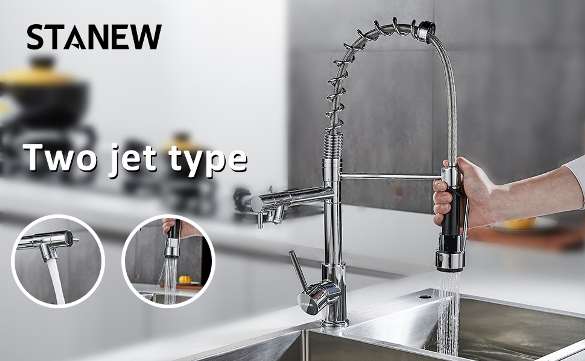 STANEW Wasserhahn Küche, Küchenarmatur, mit 2-Düsen, gebürsteter Messingfederhahn 360° drehbar mit Pull Down Mixer Sprühkopf, mit 2-Ausgängen (Jet und Spray) Sprühkopf Hochdruck, verchromtes Messing