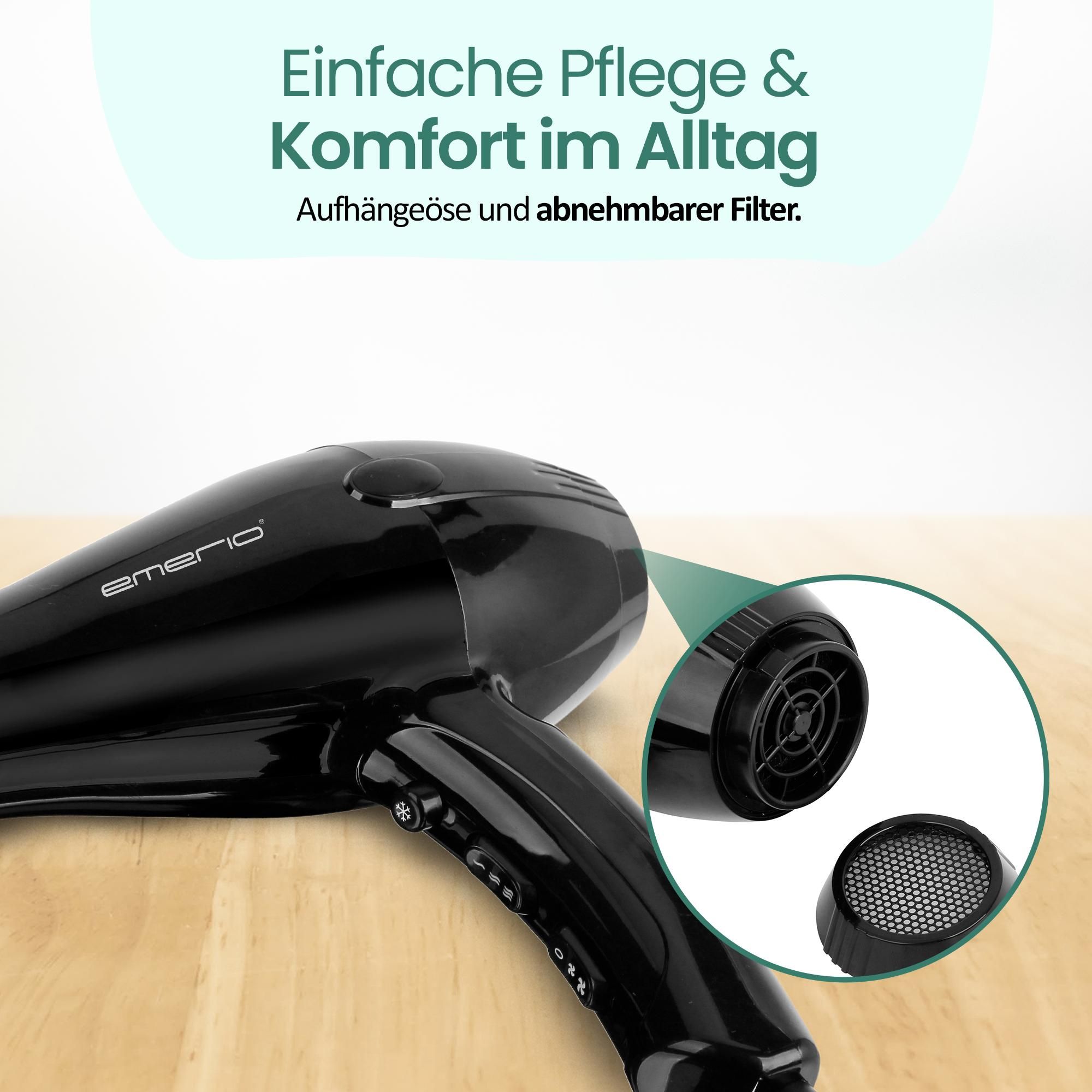 Emerio Haartrockner – Föhn – 2 Geschwindigkeiten – 3 Temperaturstufen – Cool-Shot – Ionisierung – Stylingdüse + Diffusor – 2200 W – HD-122192