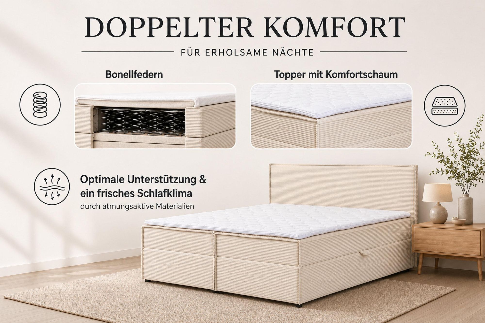 VENASI Boxspringbett 180x200 mit Bettkasten, Gloria Doppelbett Beige Cordstoff
