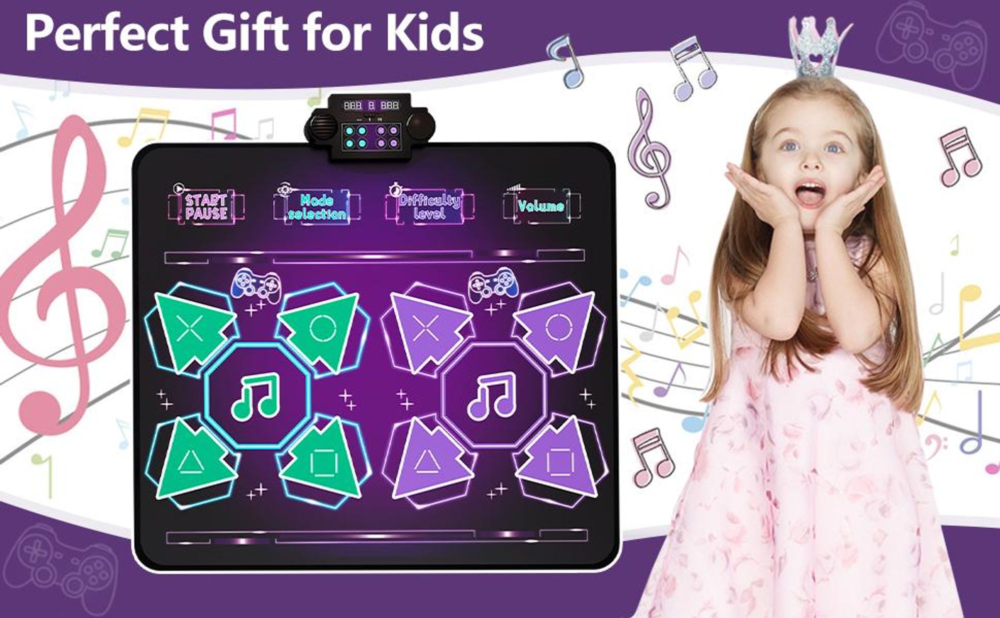 Tanzmatte, Musikmatte, Doppelt Tanzteppich, 8-Tasten-Rhythmus-Step-Spielmatte, 3 Geschwindigkeiten, 8 Spielmodi, elektronisches Tanzpad mit LED